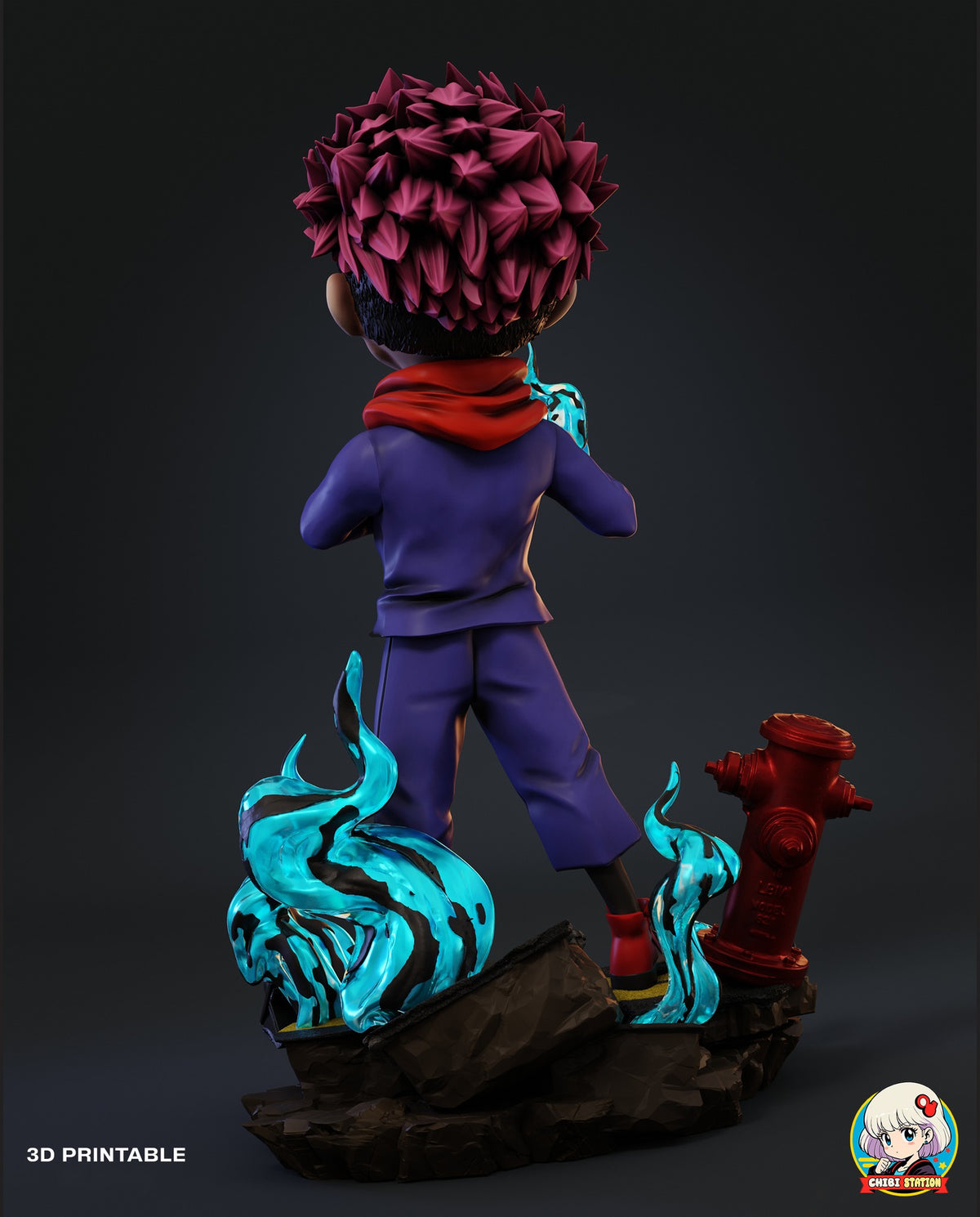 Sculptor's render (kit ships unpainted): back view with the spiked hair, the red hood at the neck and the flames rising from the base