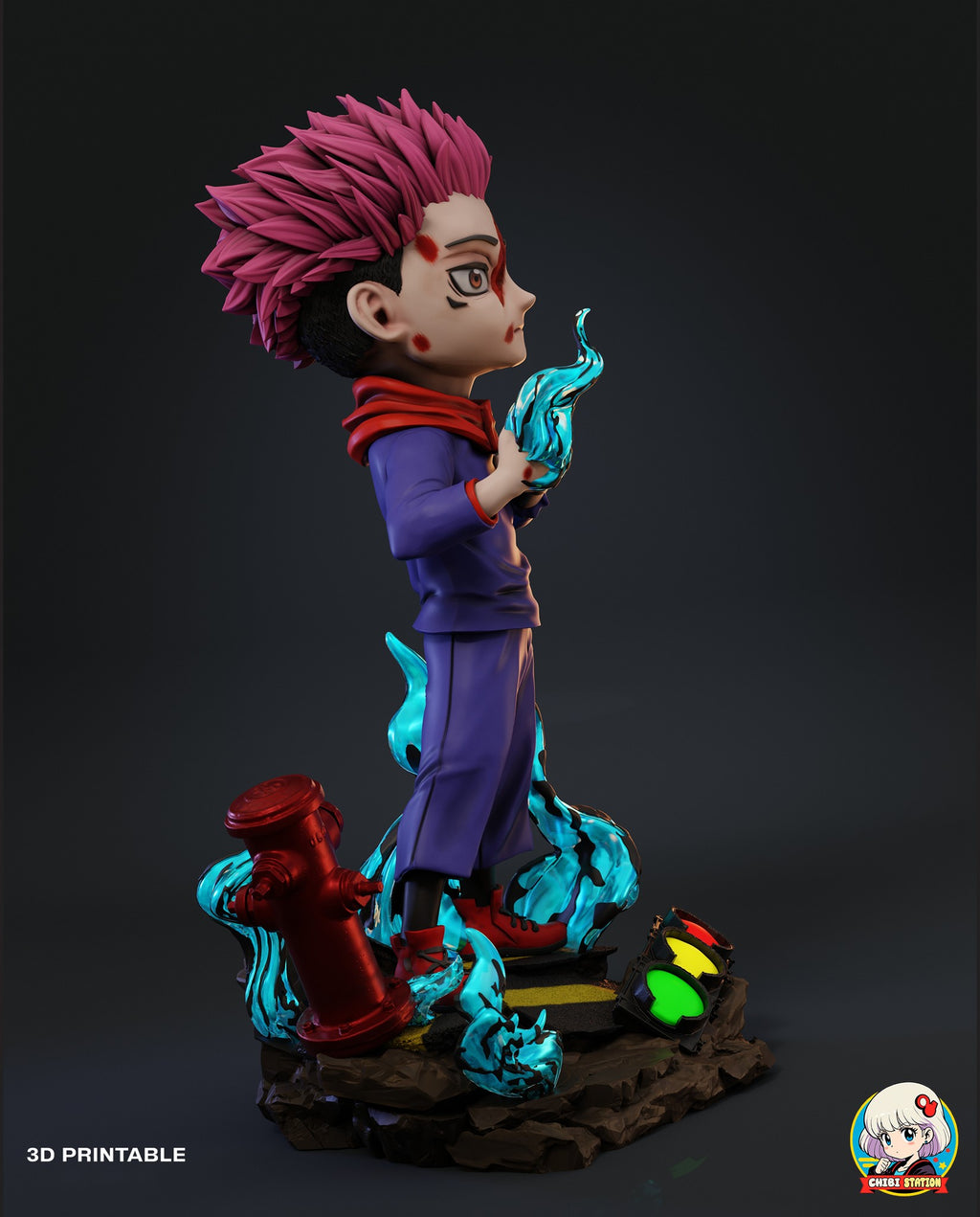 Sculptor's render (kit ships unpainted): right side profile with the leaning red hydrant in front