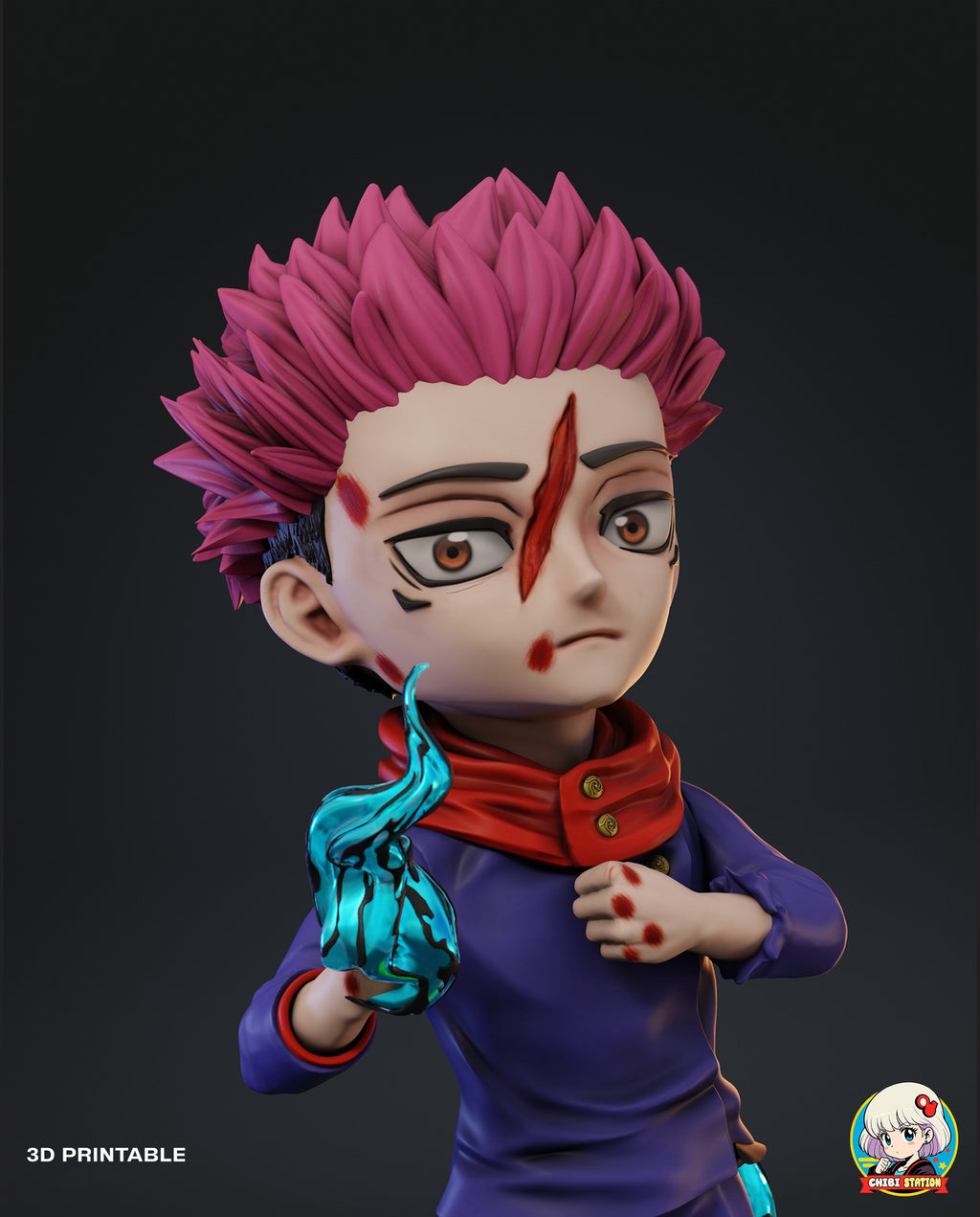 Sculptor's render (kit ships unpainted): close-up of the face with the red cut across the forehead and cyan flame rising beside his cheek