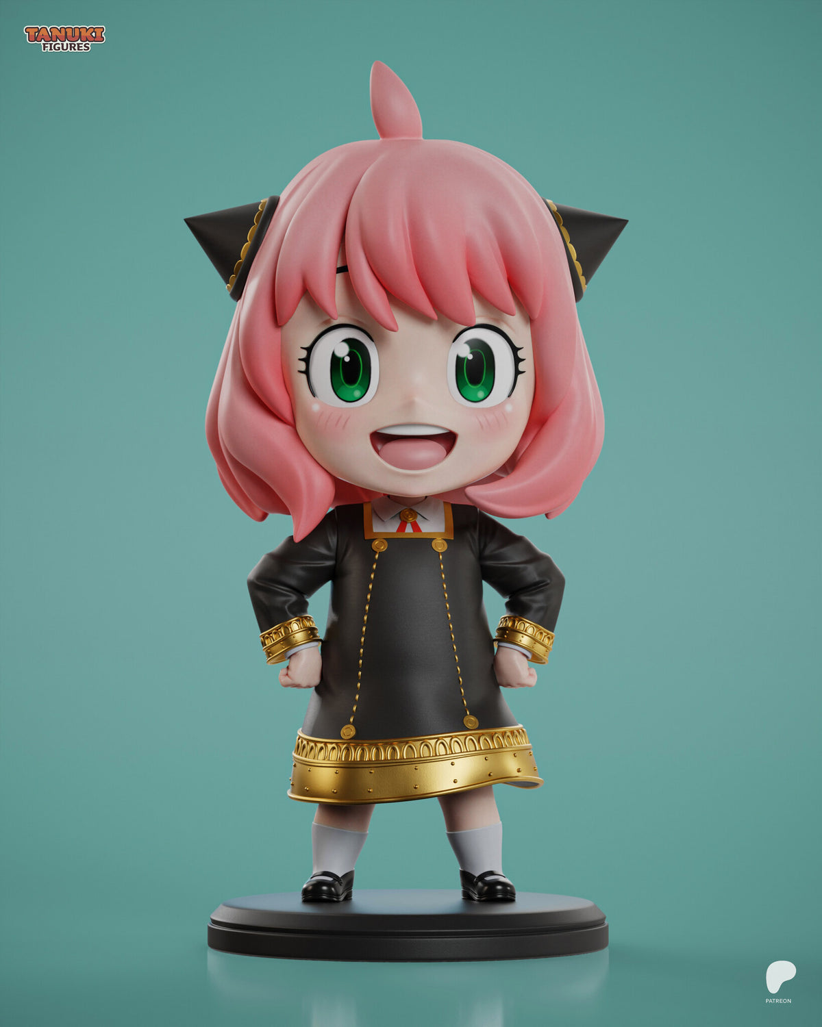Sculptor's render of the painted design (kit ships unpainted): front view of the grinning pink-haired chibi girl, fists on her hips, in a black dress with gold trim, on a round black base