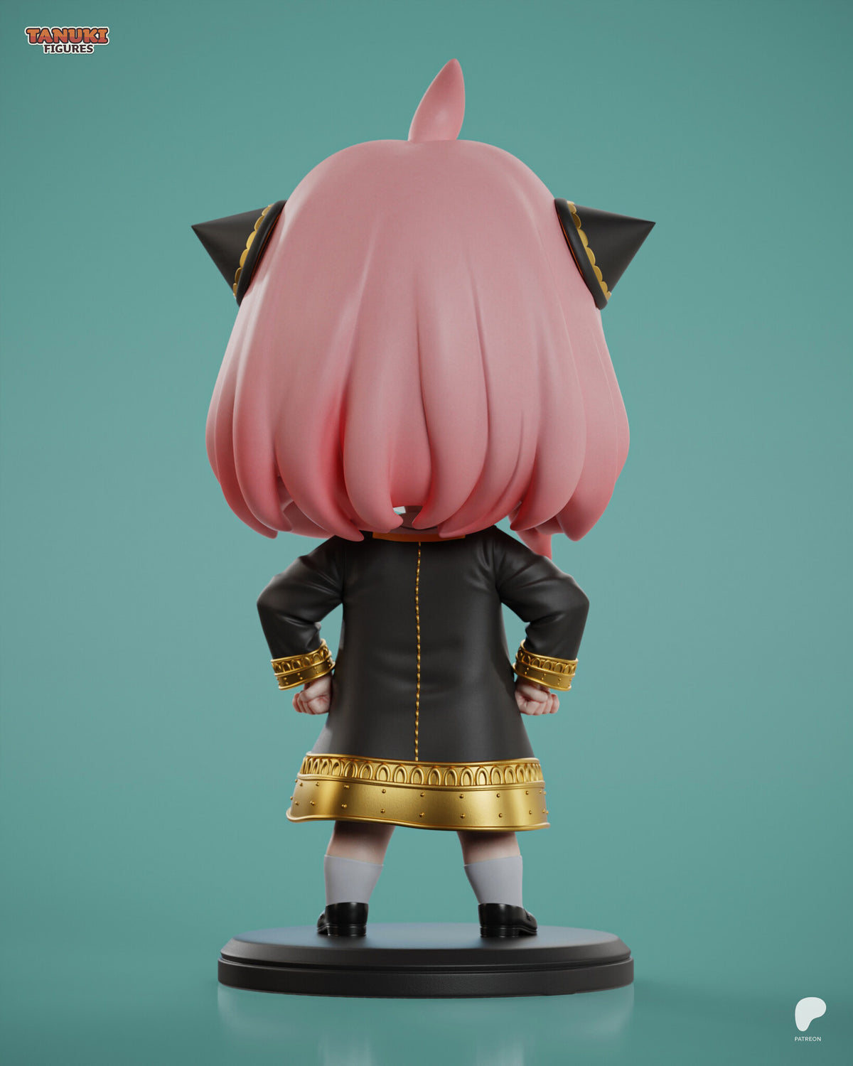 Sculptor's render (kit ships unpainted): back view of the pink bob, the hair ornaments and the gold line down the back of the dress