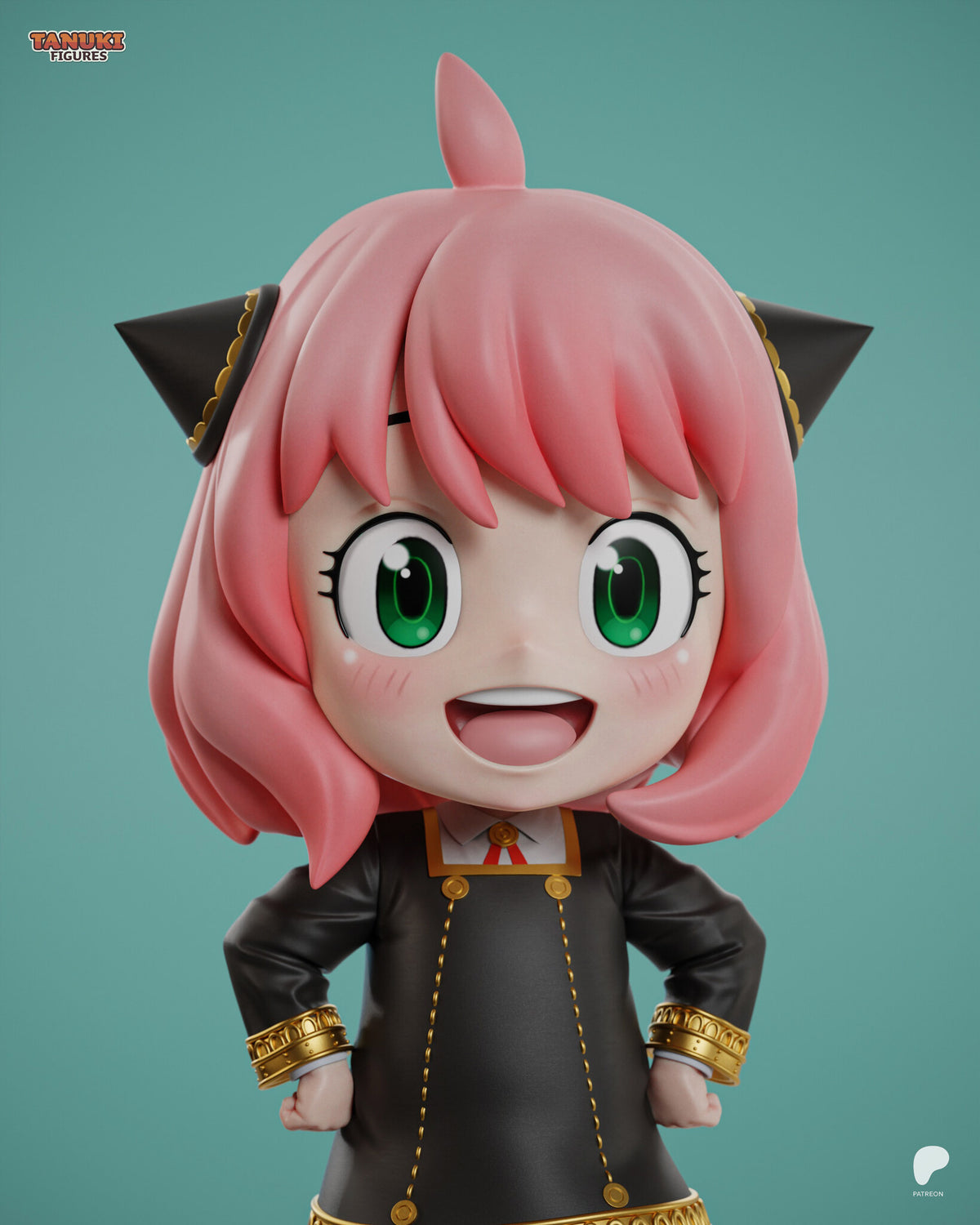 Sculptor's render (kit ships unpainted): close front view of the face with big green eyes and an open grin, above the white collar and red ribbon