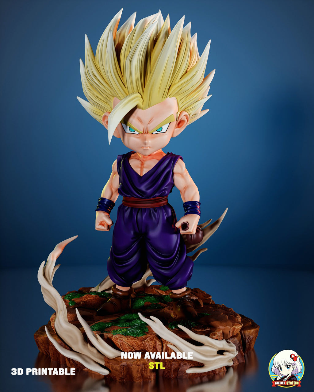 Sculptor's render of the painted design (kit ships unpainted): full front view with the tall hair and no cape, the golden-haired young fighter in a purple gi with fists clenched on the grassy rock base with aura wisps