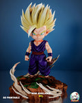 Sculptor's render of the painted design (kit ships unpainted): full front view with the tall hair and no cape, the golden-haired young fighter in a purple gi with fists clenched on the grassy rock base with aura wisps