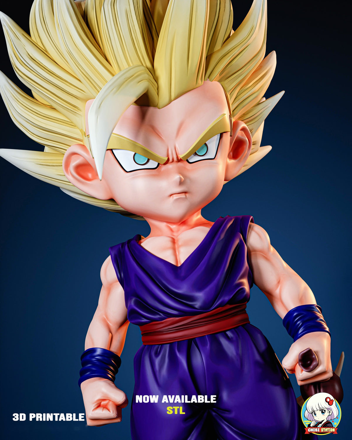 Sculptor's render (kit ships unpainted): close front view with the tall hair, from the hair down to his fists, with the long lock over one brow