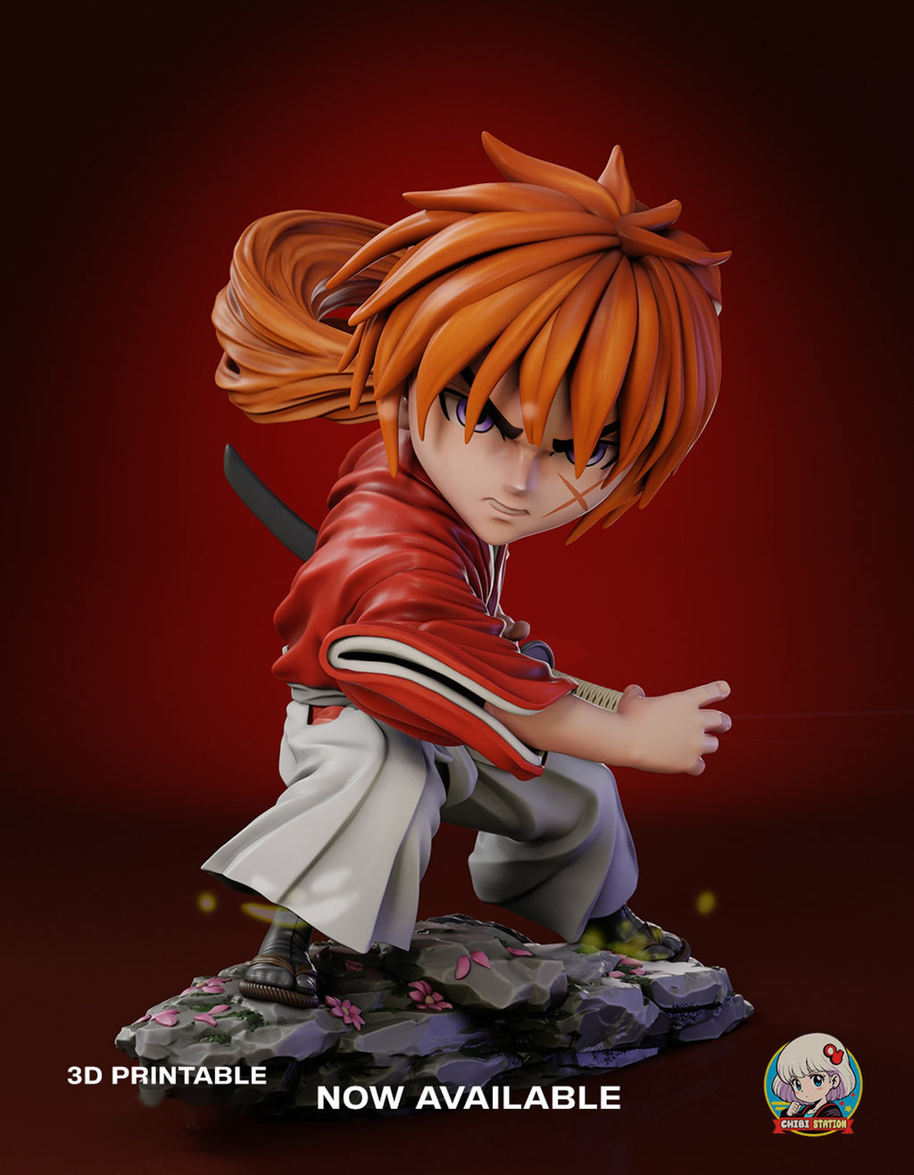Sculptor's render of the painted design (kit ships unpainted): front three-quarter view of the whole figure crouched on the blossom stone base, one hand open beside the sword hilt