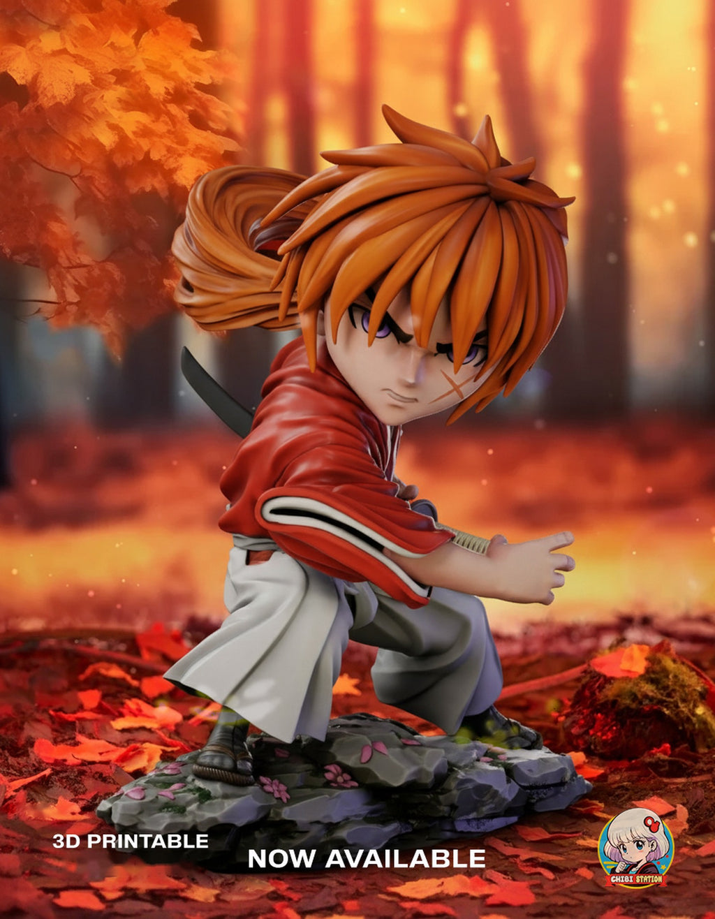 Sculptor's render (kit ships unpainted): the same crouch shown against an autumn forest backdrop (backdrop not included)
