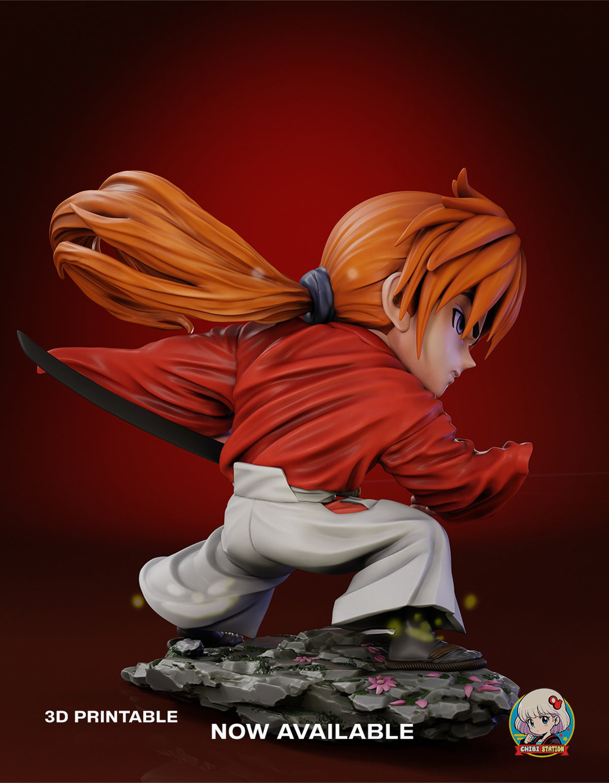 Sculptor's render (kit ships unpainted): side view with the ponytail streaming back and the sheathed sword angled behind him