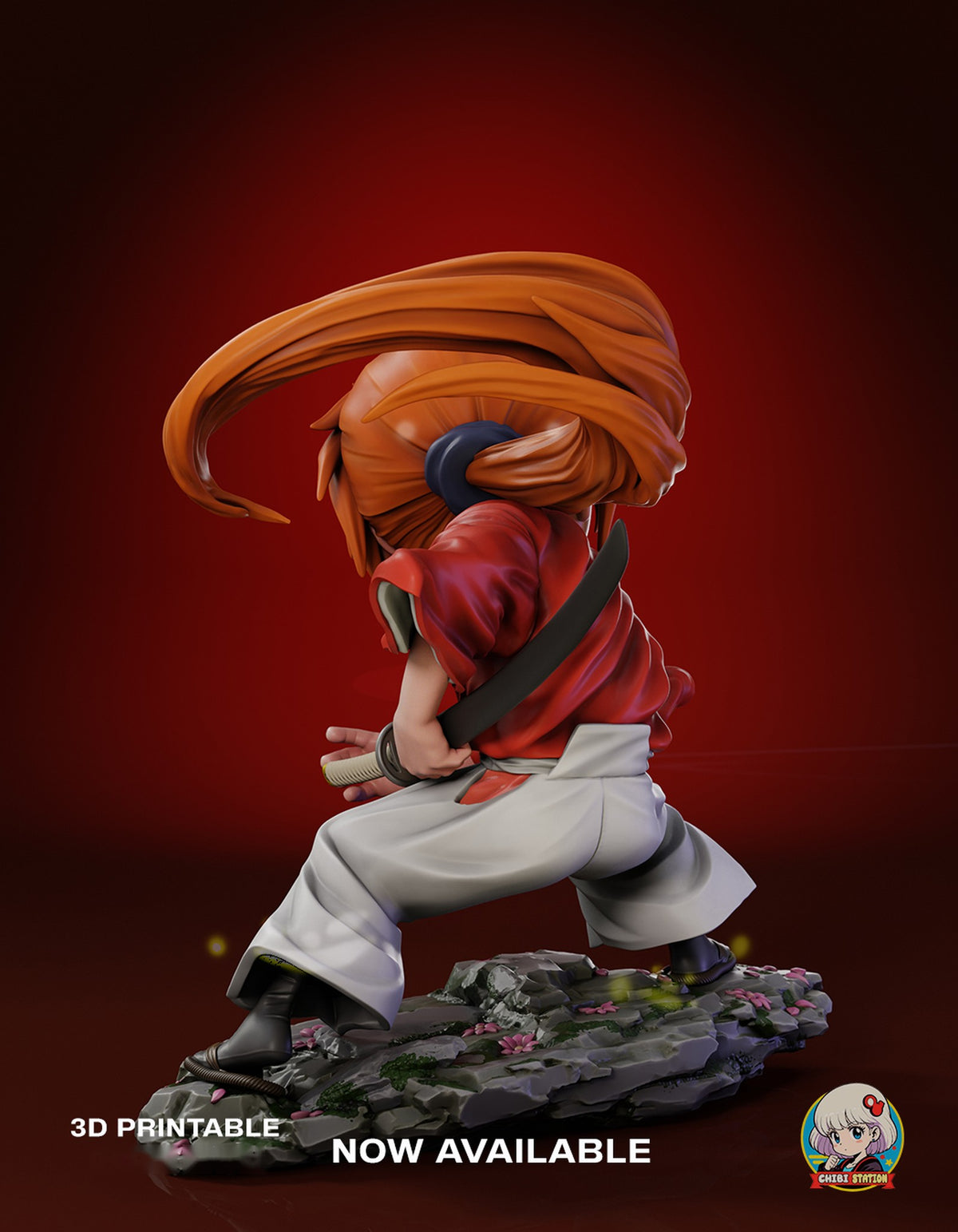 Sculptor's render (kit ships unpainted): rear three-quarter view with the ponytail curving overhead and his hand gripping the scabbard at his hip