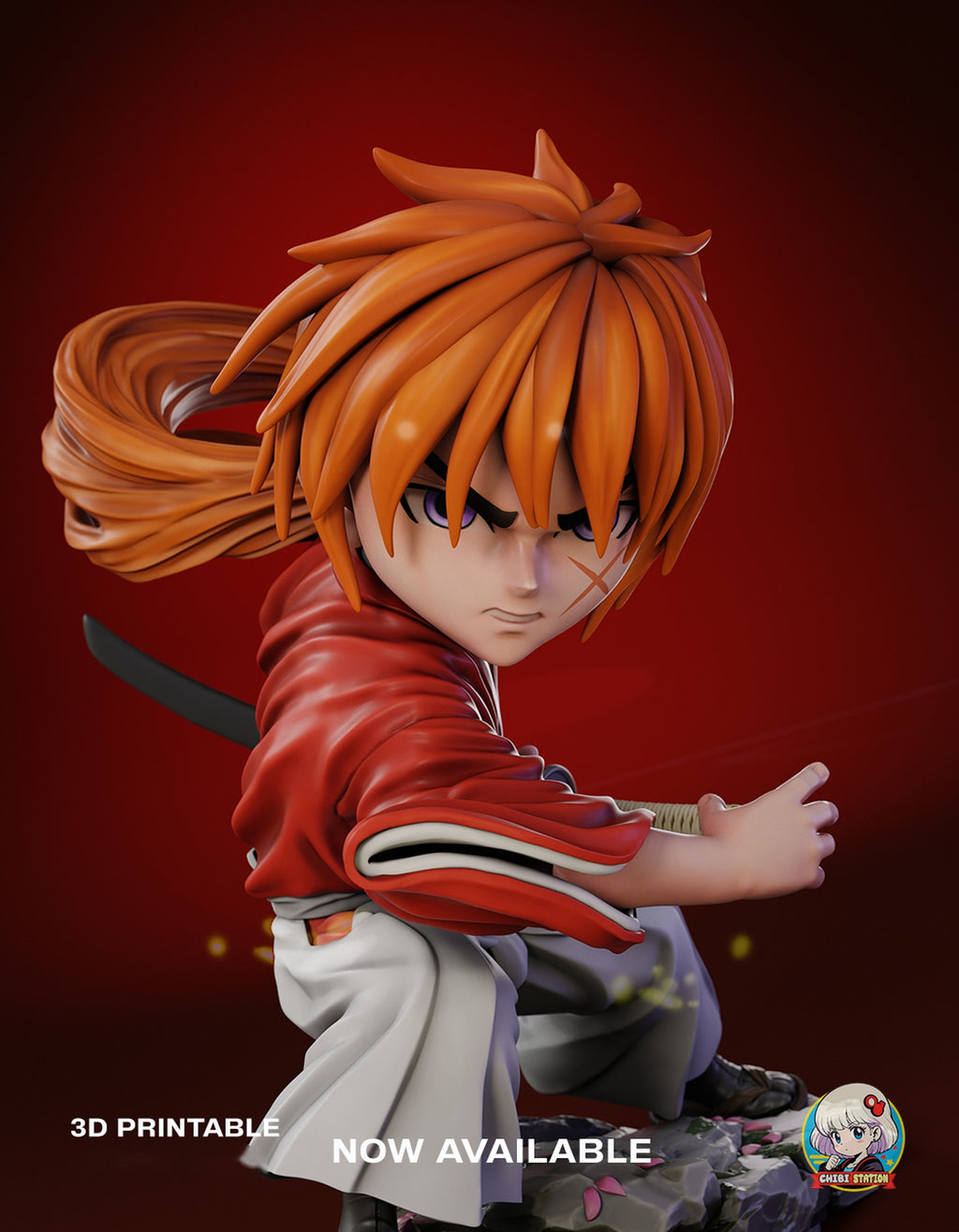 Sculptor's render (kit ships unpainted): closer front view of the face with violet eyes, the cross-shaped scar and the red gi