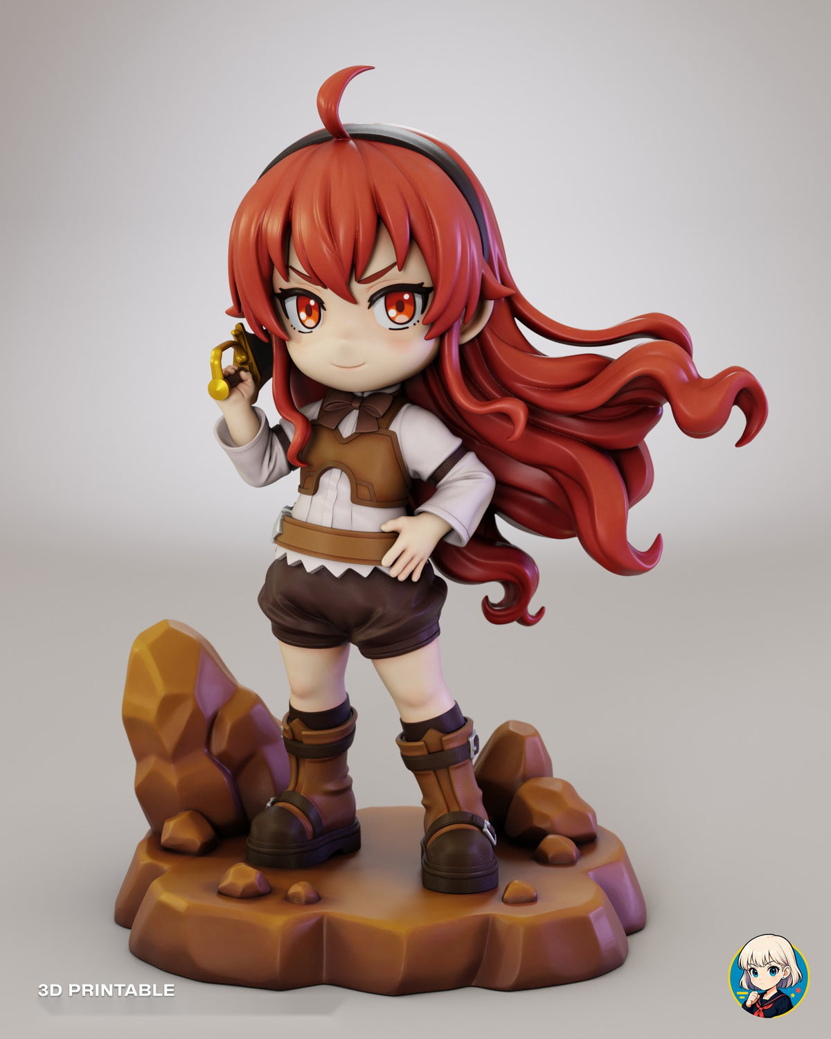 Sculptor's render of the painted design (kit ships unpainted): front three-quarter view of the whole figure on the rock outcrop, sabre on her shoulder and red hair streaming to one side