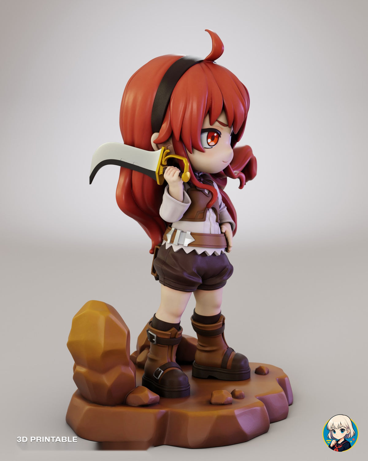 Sculptor's render (kit ships unpainted): side view from her right showing the full curved sabre resting back over her shoulder