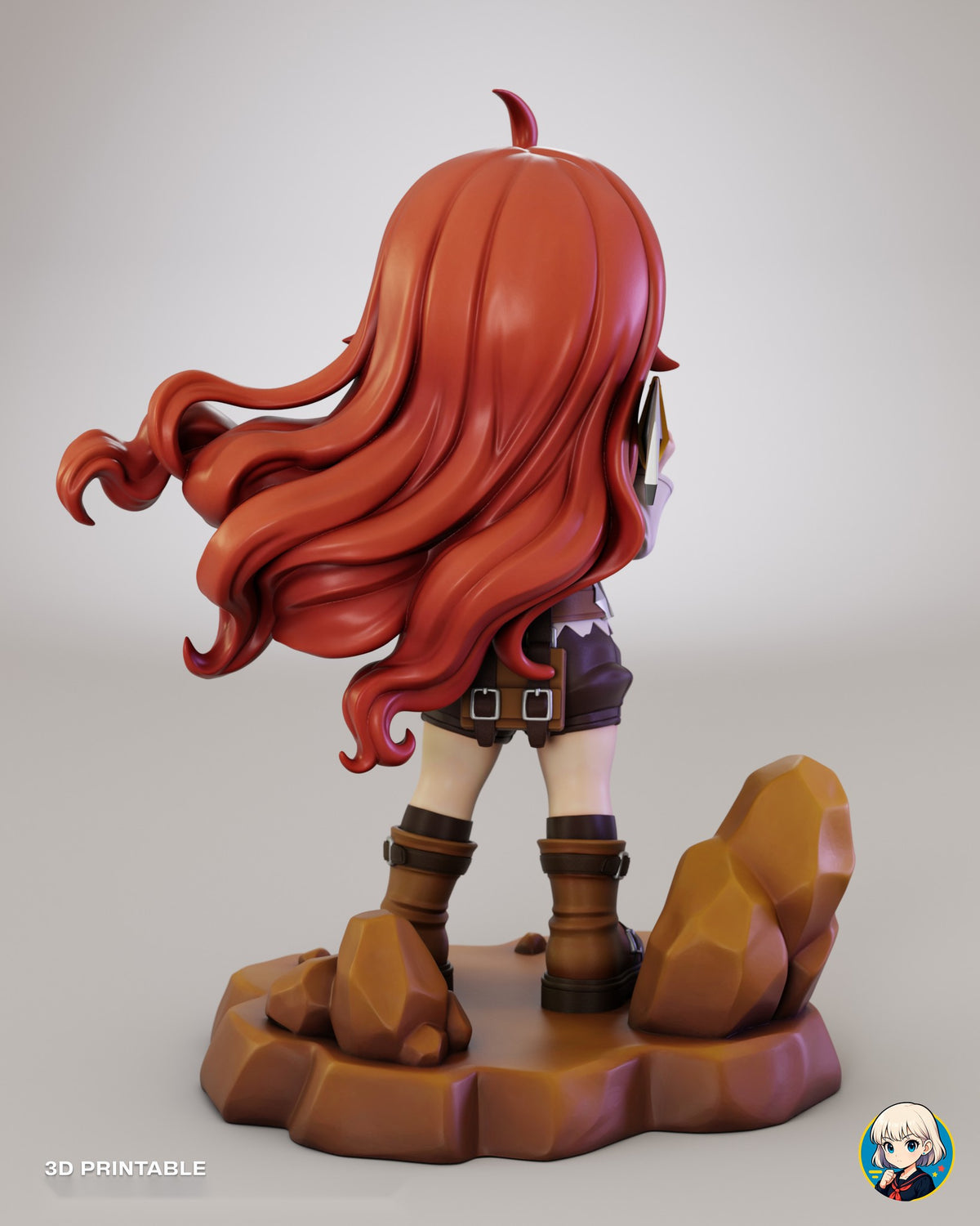 Sculptor's render (kit ships unpainted): back view of the long wavy hair, the belt pouch and the rock base