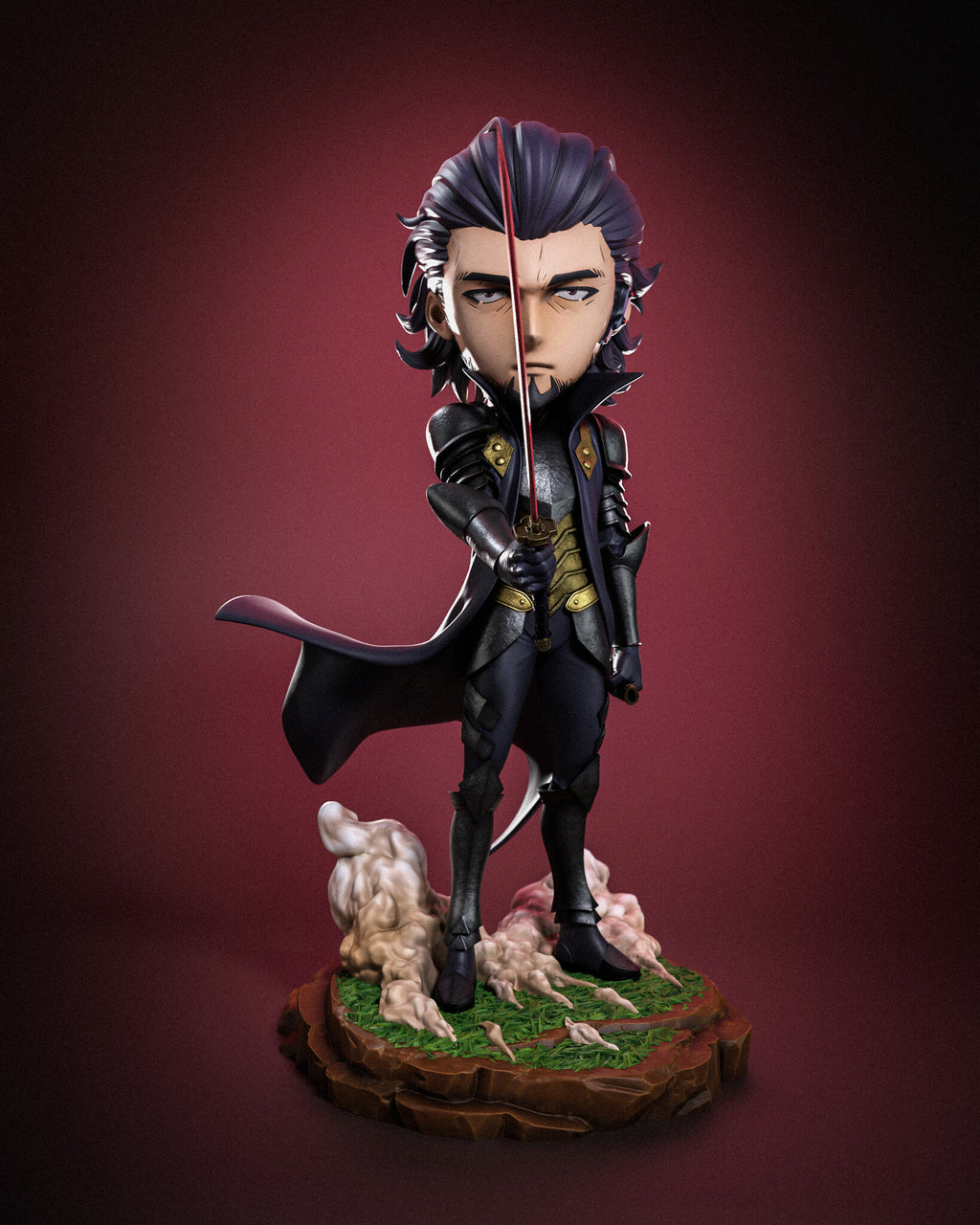 Sculptor's render of the painted design (kit ships unpainted): front view of the bearded swordsman holding a red katana upright in front of his face, navy coat flaring to one side, on a grass-topped rock with smoke