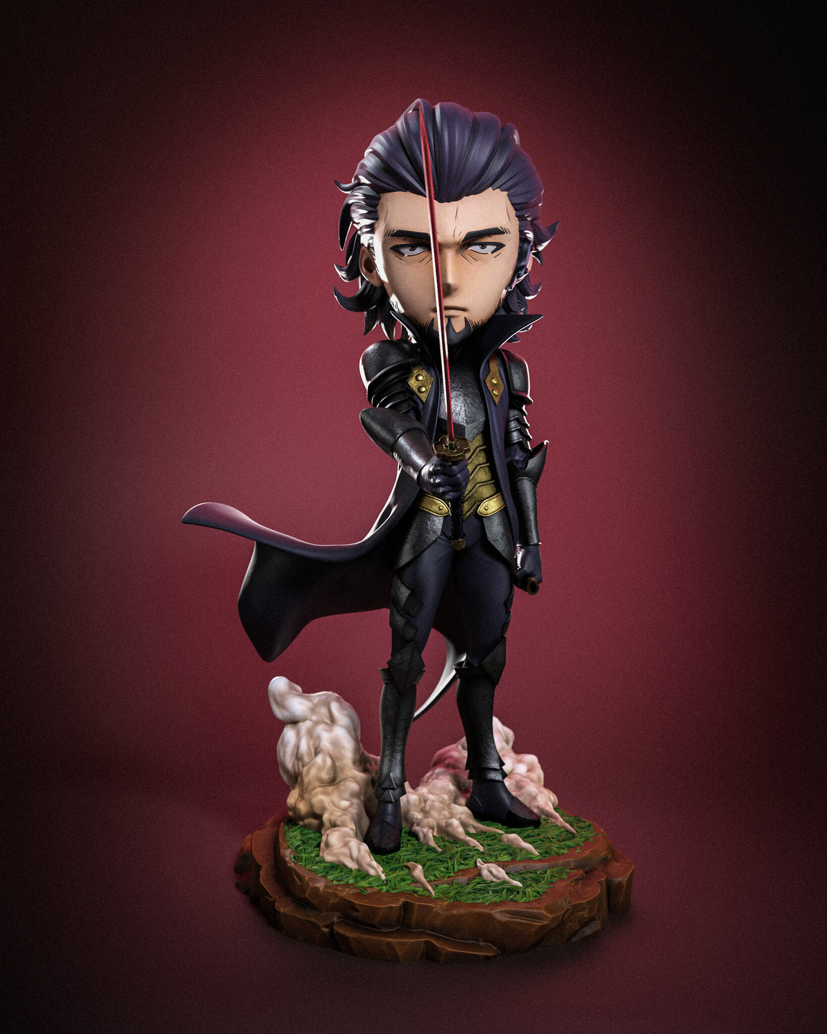 Sculptor's render of the painted design (kit ships unpainted): front view of the bearded swordsman holding a red katana upright in front of his face, navy coat flaring to one side, on a grass-topped rock with smoke