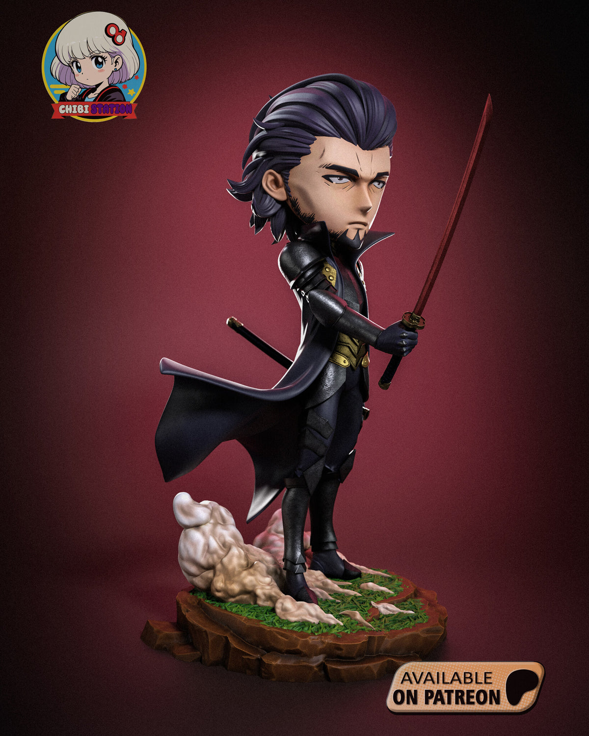 Sculptor's render (kit ships unpainted): three-quarter view from his right front, the katana angled up and the coat sweeping behind him
