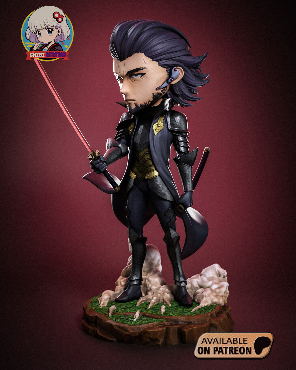 Sculptor's render (kit ships unpainted): three-quarter view from his left front with the earpiece, the gunmetal chest panel and the gold chevron plate