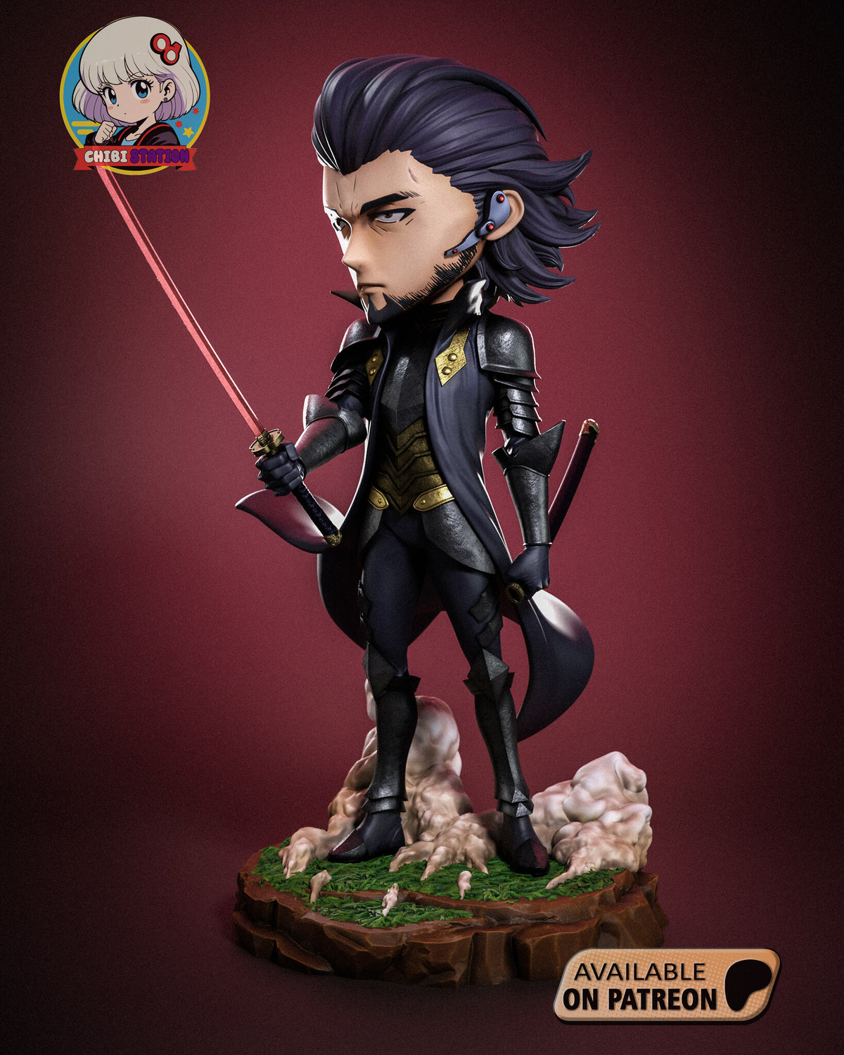 Sculptor's render (kit ships unpainted): three-quarter view from his left front with the earpiece, the gunmetal chest panel and the gold chevron plate
