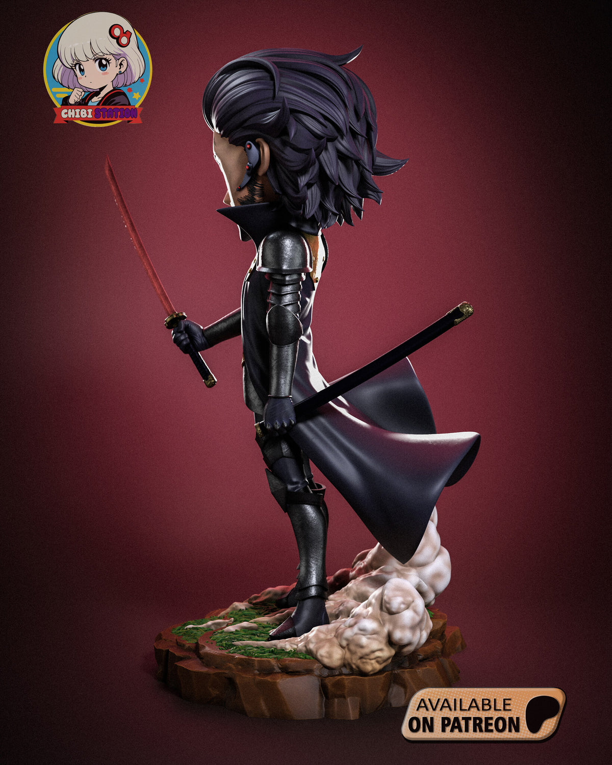 Sculptor's render (kit ships unpainted): left profile with the scabbard angled back from his fist and the coat tail behind him