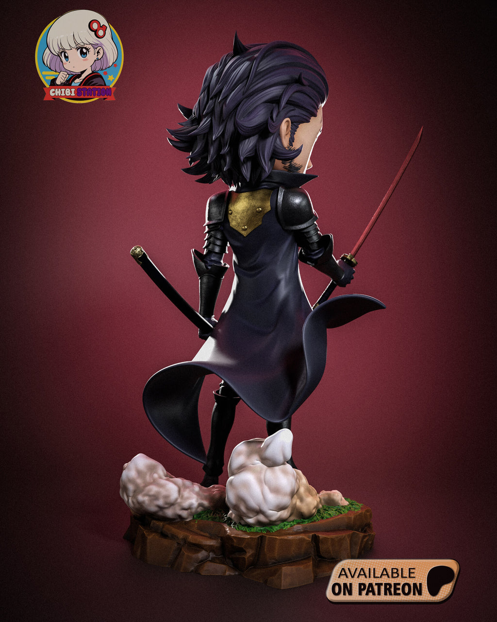 Sculptor's render (kit ships unpainted): back view with the gold plate across the upper back and the coat tails flaring
