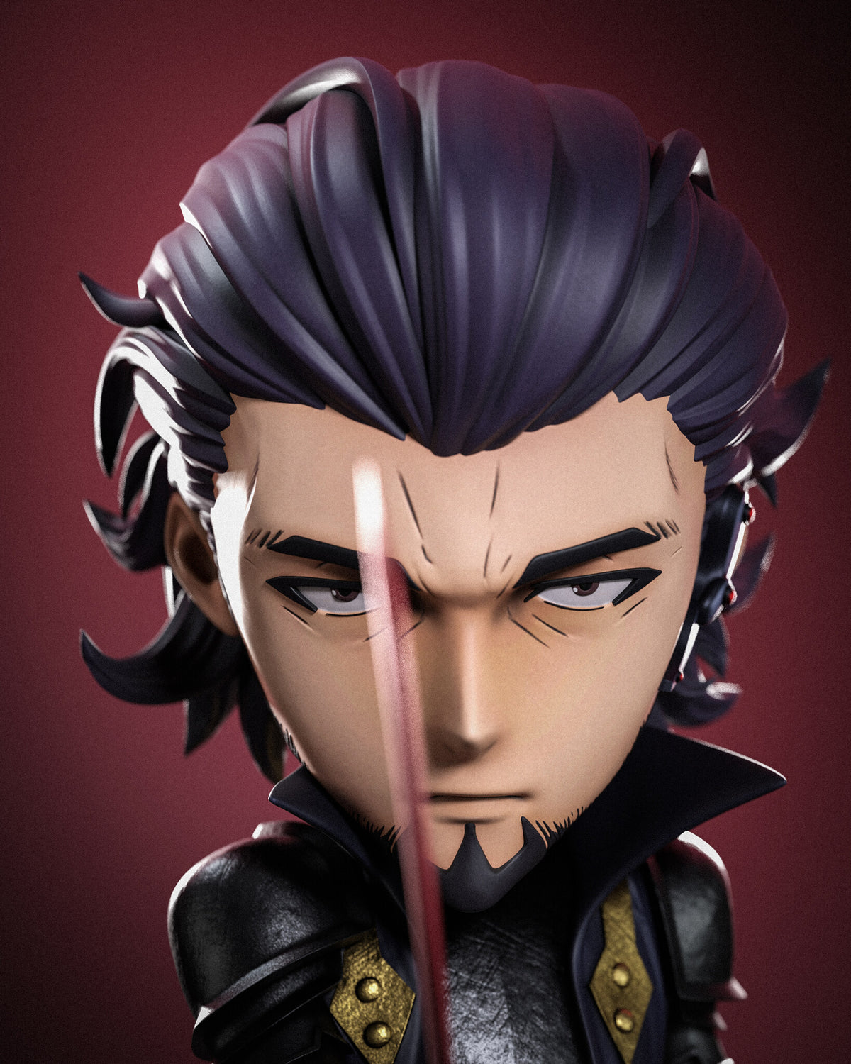 Sculptor's render (kit ships unpainted): close-up of the stern face with stubble and a goatee behind the blurred red blade