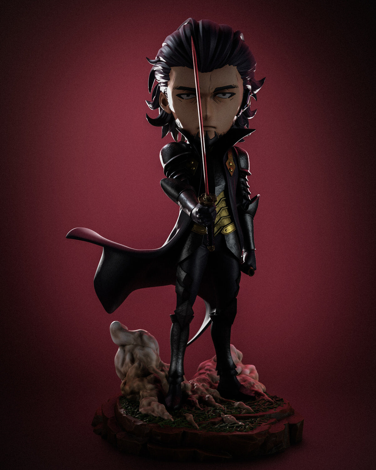 Sculptor's render (kit ships unpainted): front view in dim light, the gold plates and red blade standing out against the dark costume