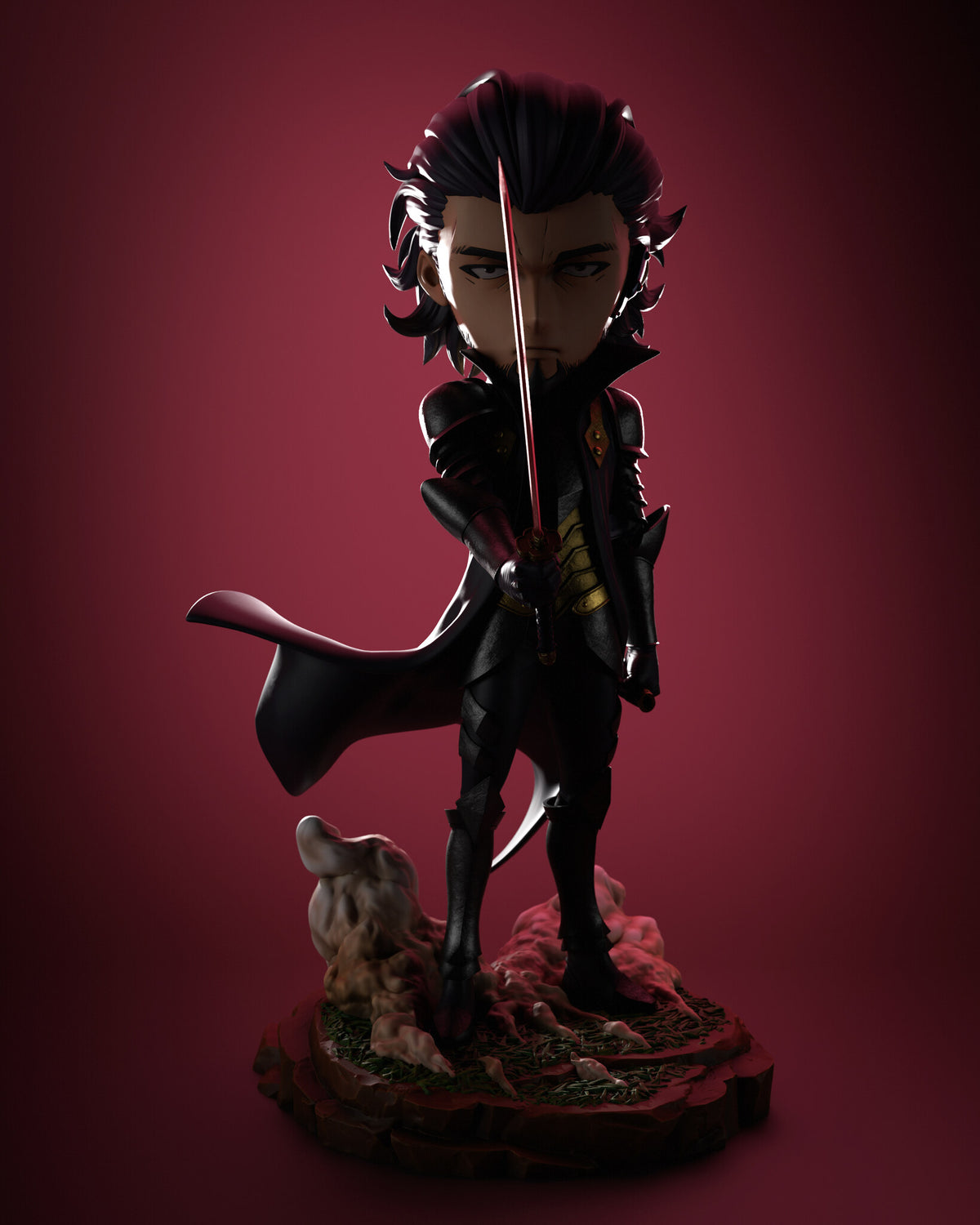 Sculptor's render (kit ships unpainted): front view in red rim light with the face dimly lit behind the katana
