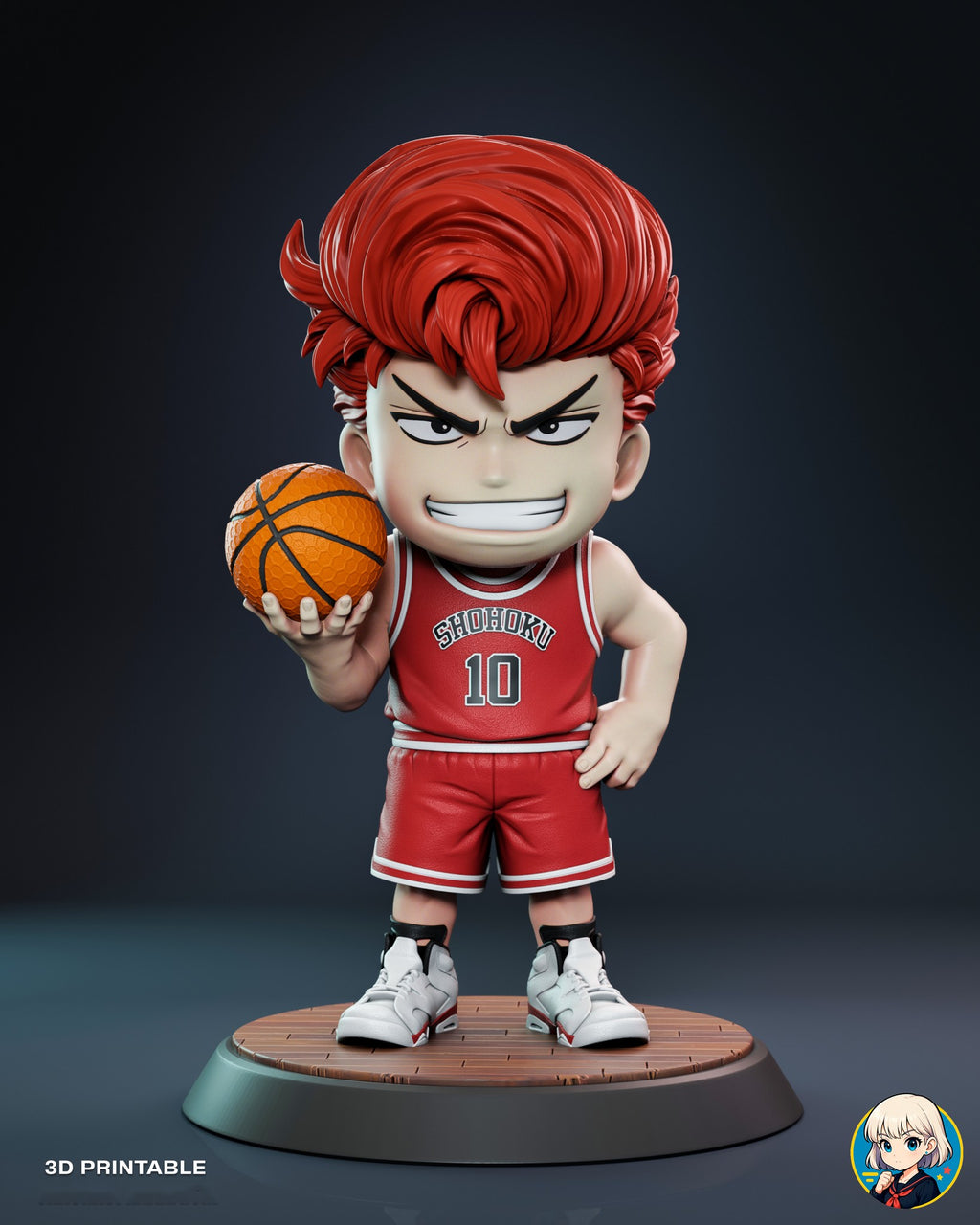 Sculptor's render of the painted design (kit ships unpainted): full front view with the grinning head, on the round wooden court-floor base, ball raised in his right hand and left hand on his hip