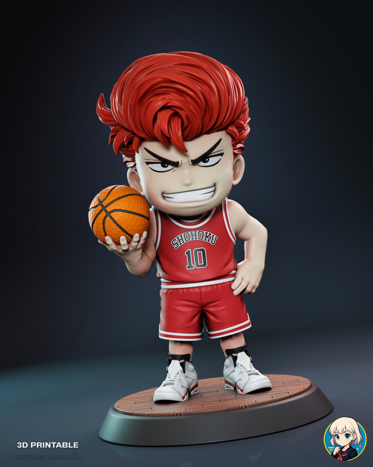 Sculptor's render (kit ships unpainted): low, tilted front view of the figure on the base, showing the sneakers and the plank ends at the rim