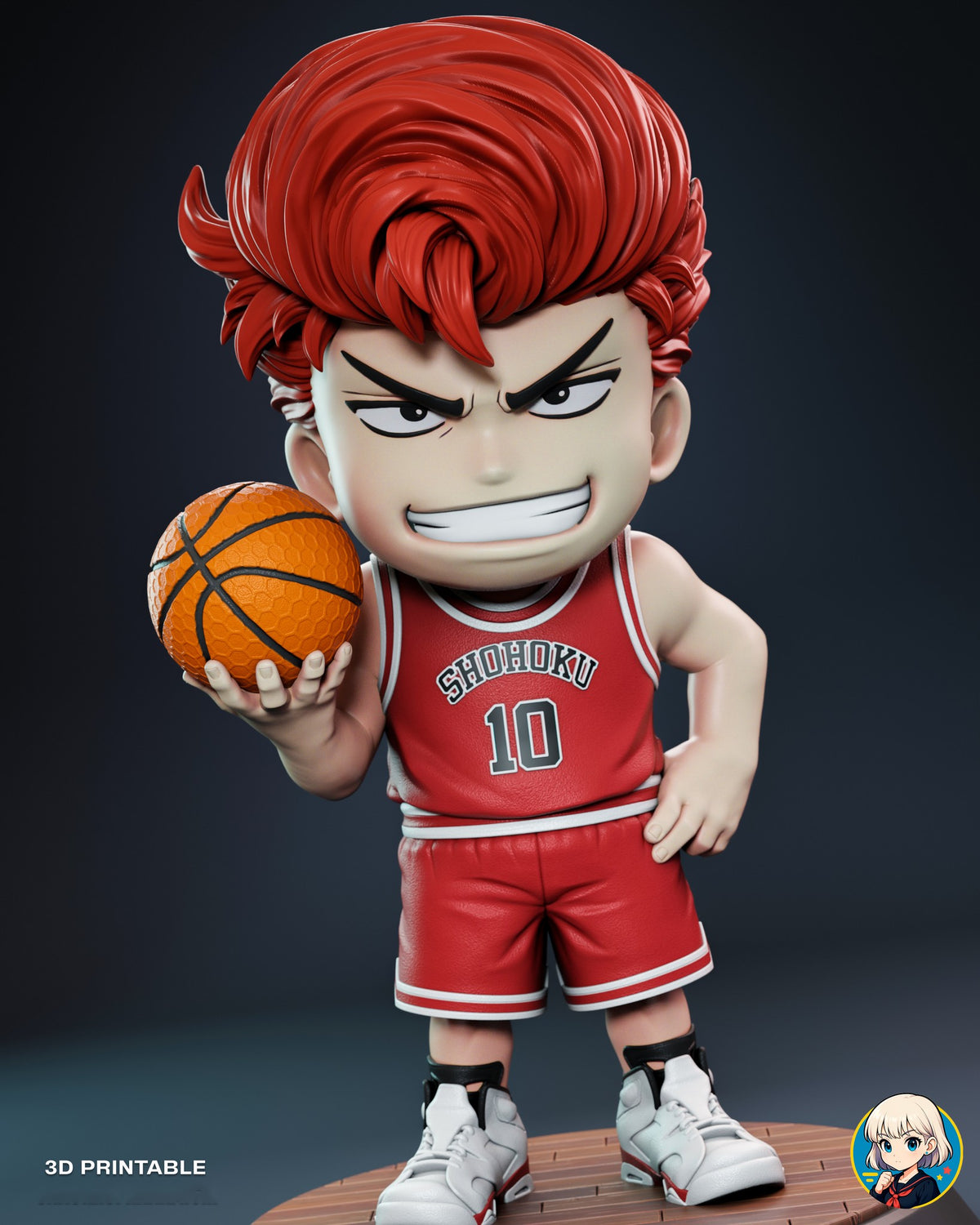 Sculptor's render (kit ships unpainted): closer front view from the sneakers up, showing both hands and the stripes on the shorts