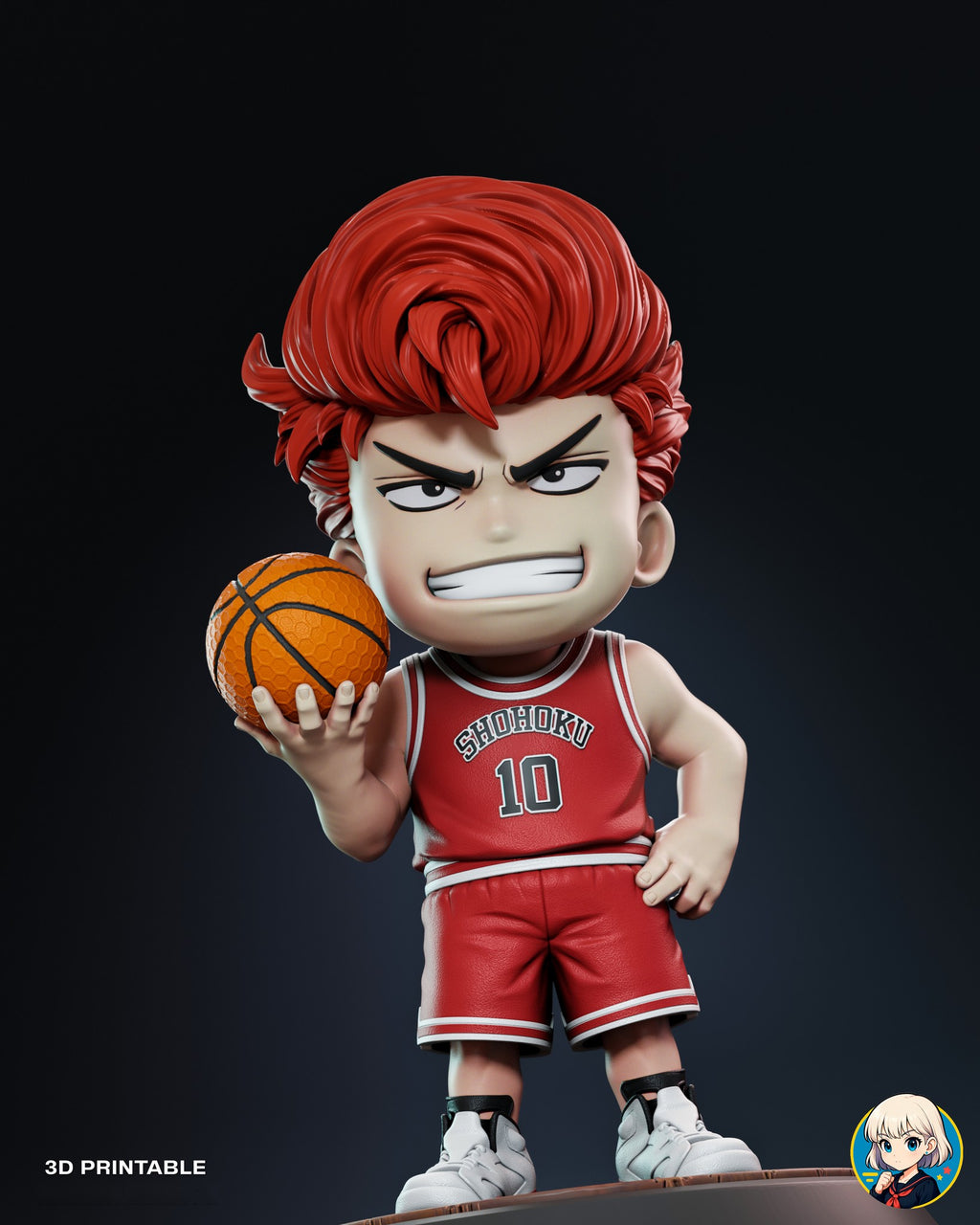 Sculptor's render (kit ships unpainted): low front view from the sneakers up, grinning with the ball beside his face