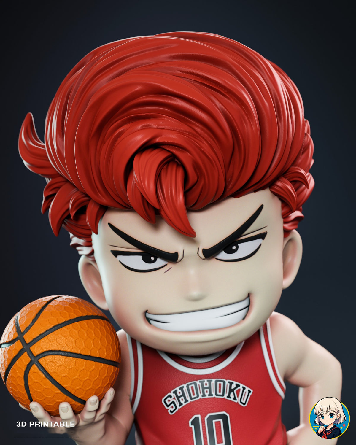 Sculptor's render (kit ships unpainted): close-up of the grinning face under the red pompadour with the ball in his hand