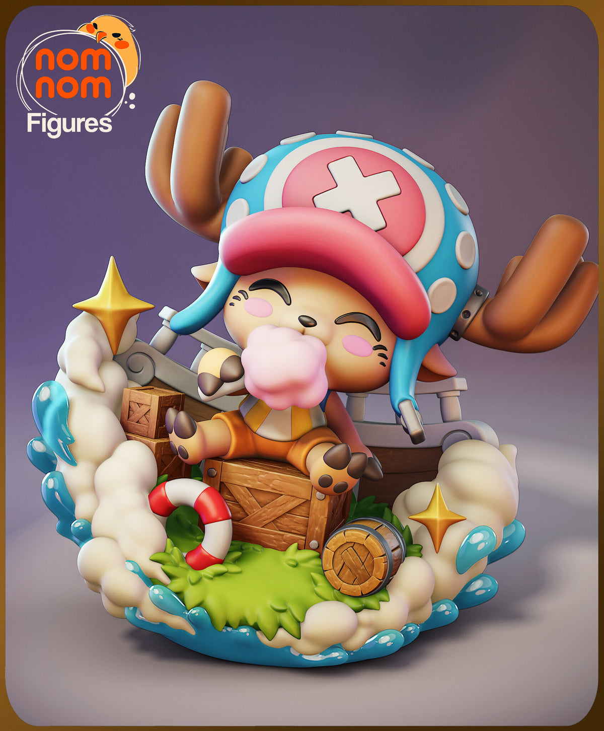 Sculptor's render of the painted design (kit ships unpainted): the little reindeer in a pink and blue hat sitting on a wooden crate eating pink cotton candy, in a boat bow ringed by cream clouds, blue splashes and gold stars