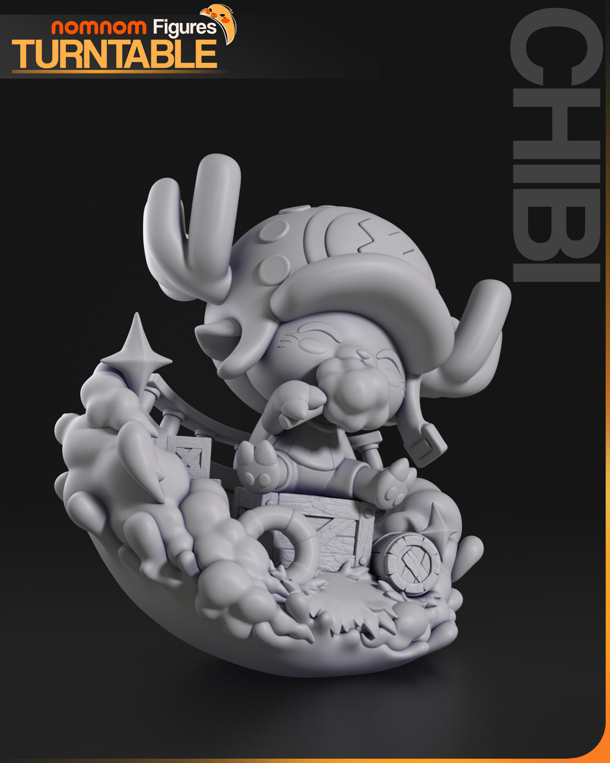 Sculptor's render (kit ships unpainted): gray view from the left with the dotted side of the hat and the cloud bank around the boat