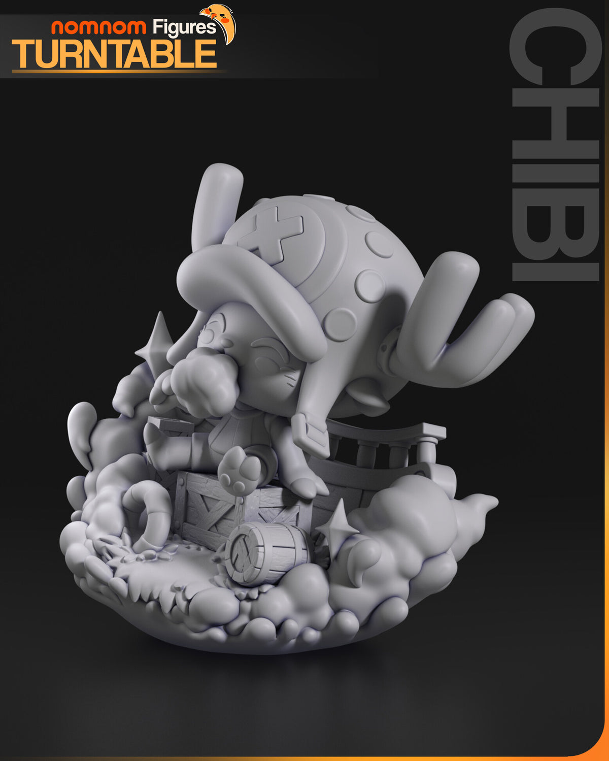 Sculptor's render (kit ships unpainted): gray view from the right with the hat strap buckle, the boat railing and the barrel on the grass