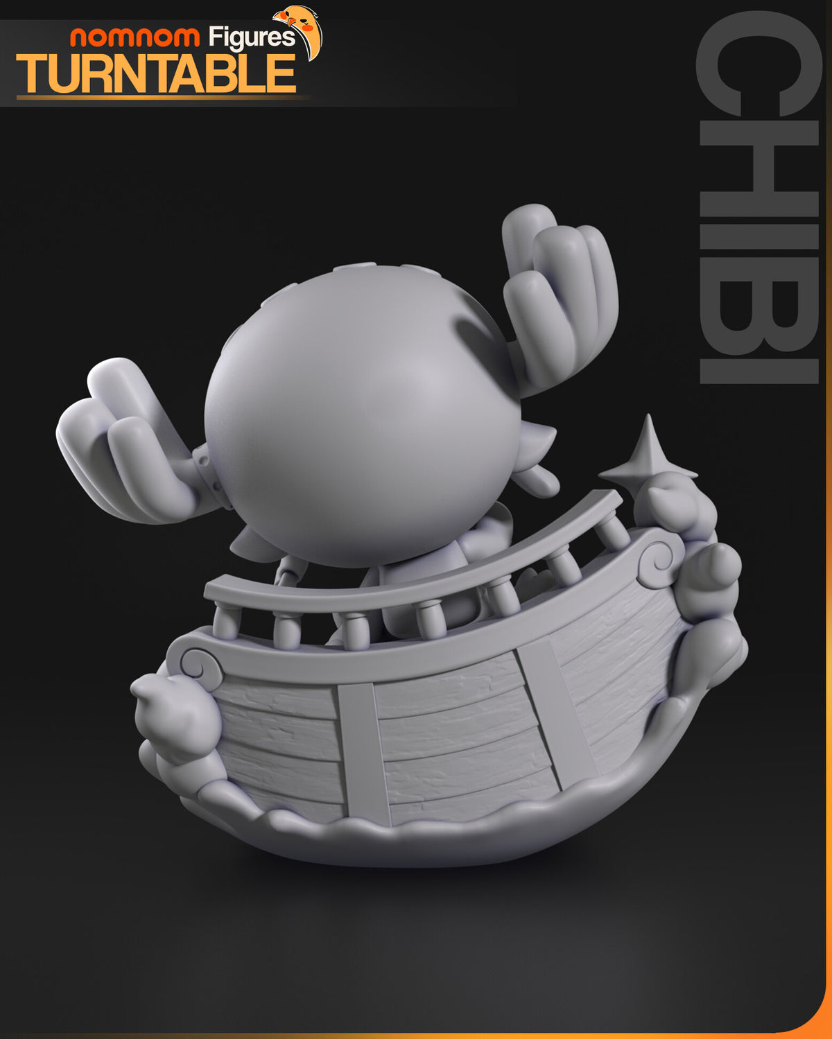 Sculptor's render (kit ships unpainted): gray rear view of the planked hull, the curved railing and the back of the hat and antlers