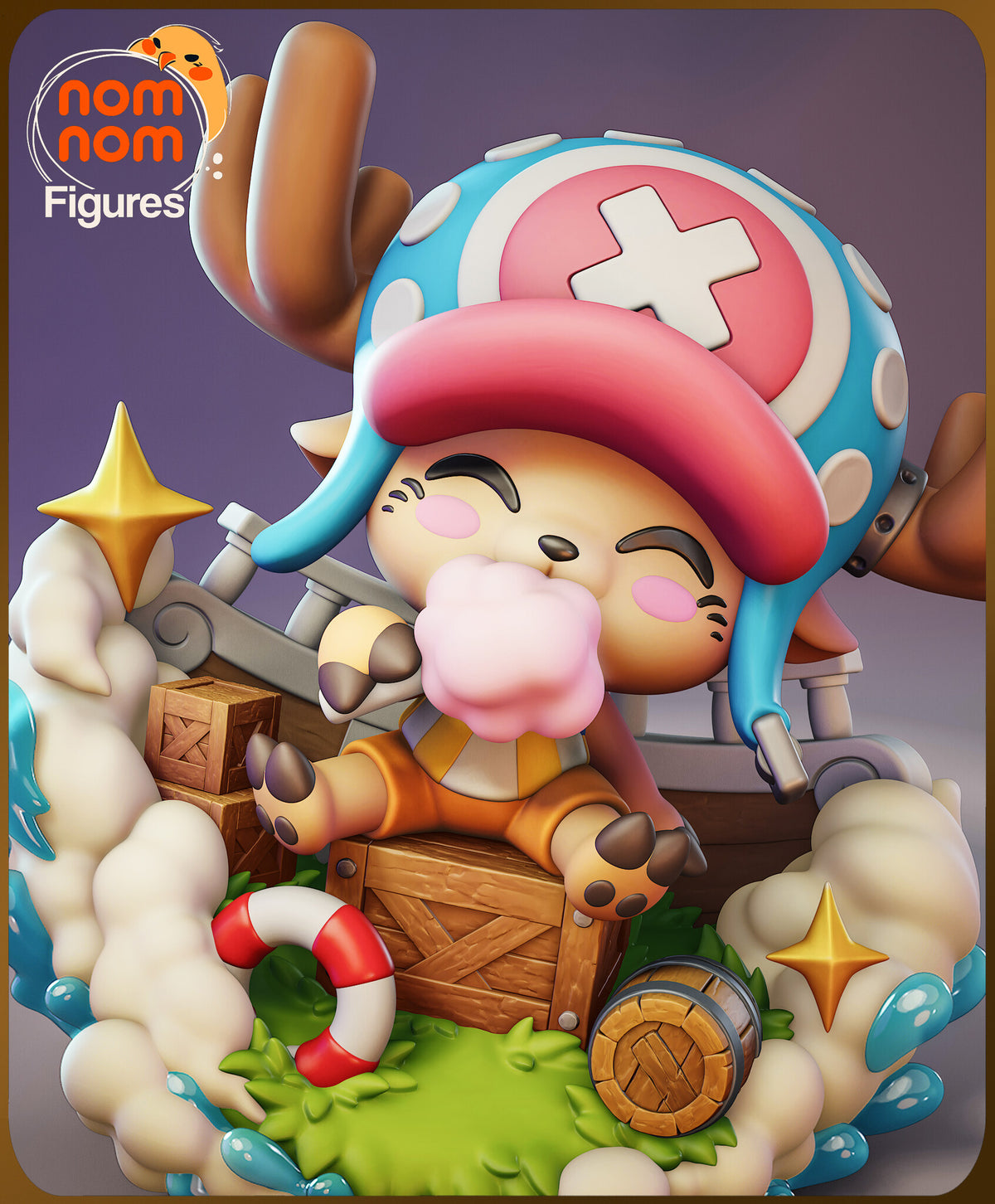 Sculptor's render (kit ships unpainted): closer painted view of the face, eyes closed and cheeks pink, with the cotton candy at his mouth