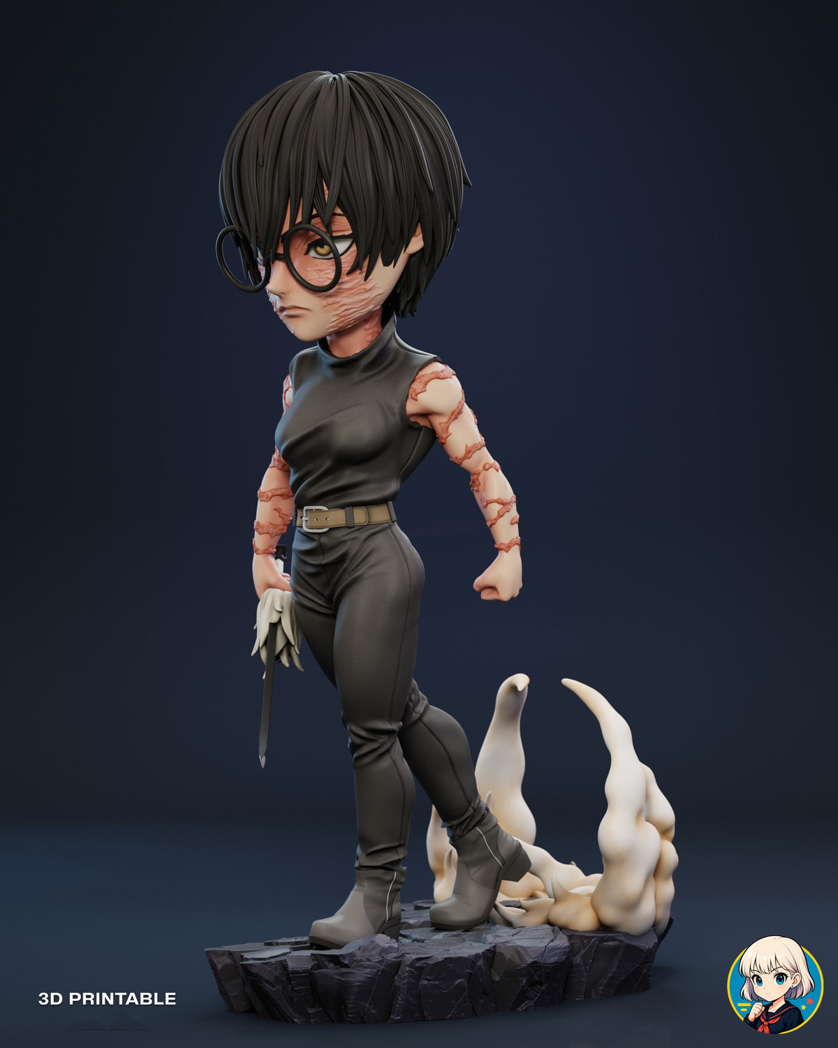 Sculptor's render (kit ships unpainted): three-quarter view from her left, mid-stride, with the glasses in profile and the flame swirls on the back half of the base