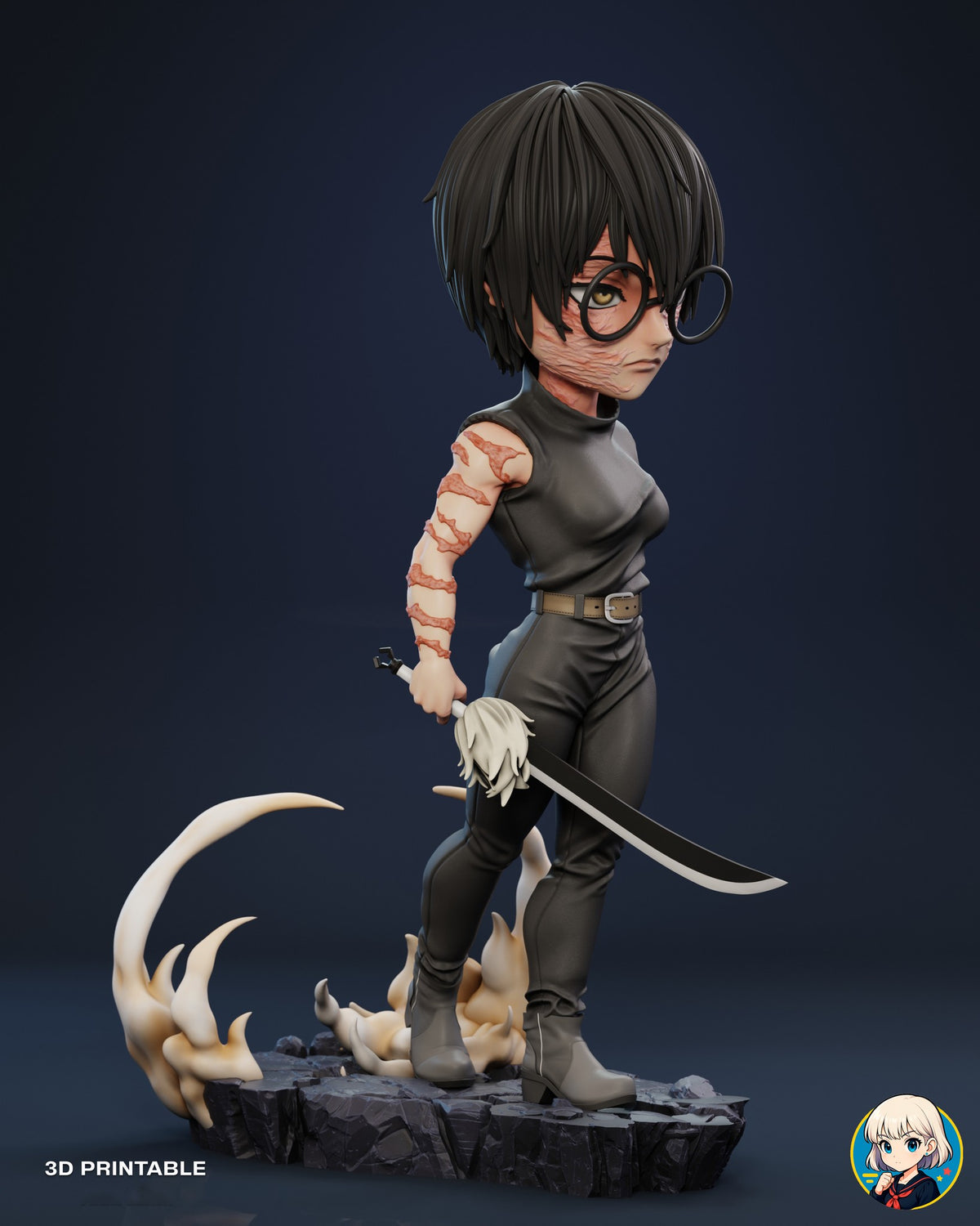 Sculptor's render (kit ships unpainted): three-quarter view from her right showing the curved black blade, white grip and tassel