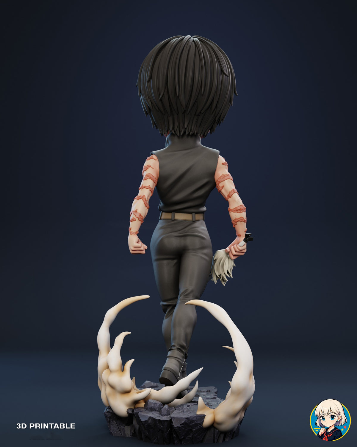 Sculptor's render (kit ships unpainted): back view with the back of the hair, the belt and the ring of flame swirls