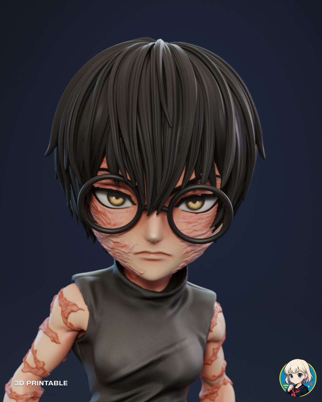 Sculptor's render (kit ships unpainted): close-up of the face with round glasses, amber eyes and sculpted scar texture