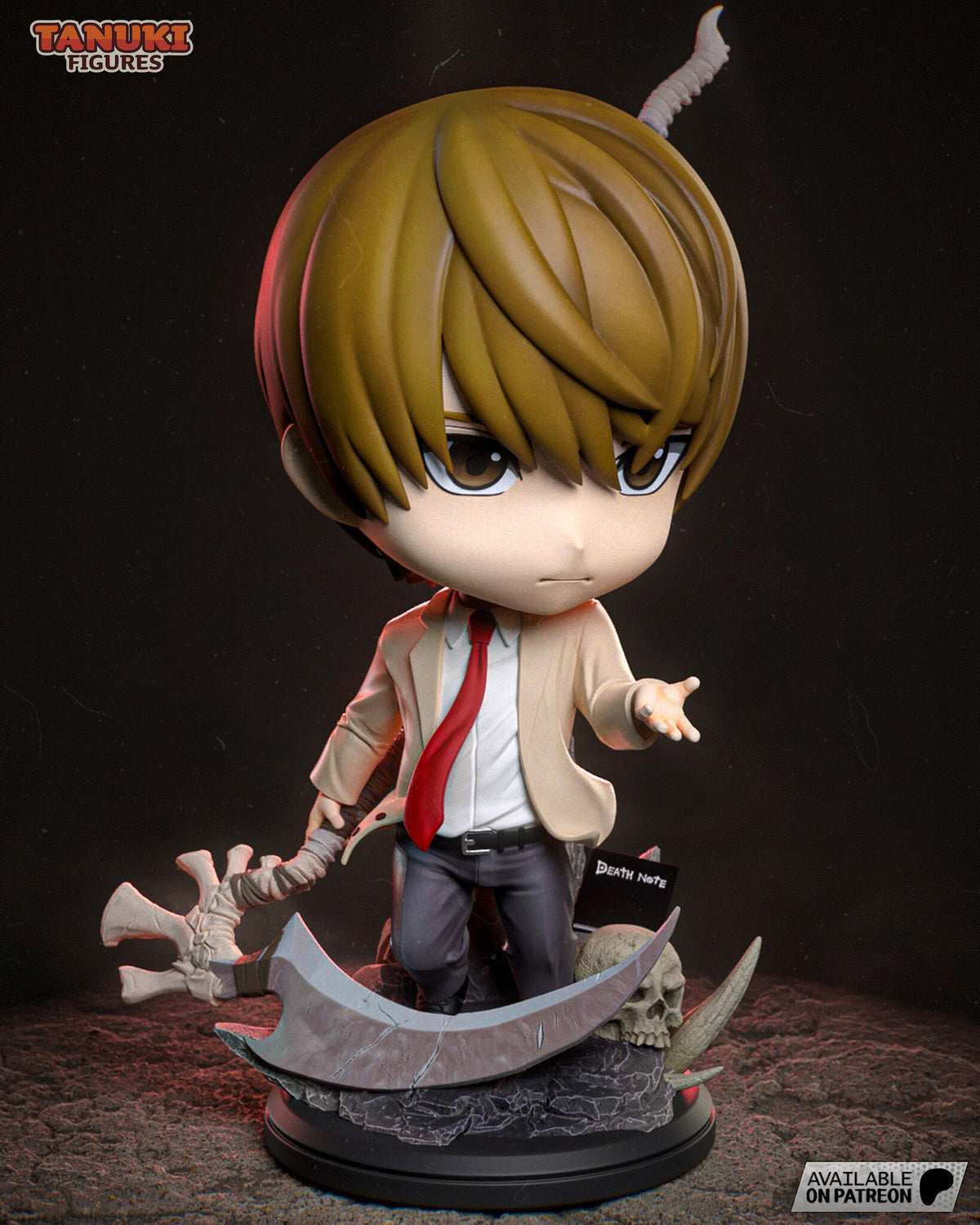 Sculptor's render (kit ships unpainted): front view turned slightly to one side, the cracked scythe blade sweeping across the base