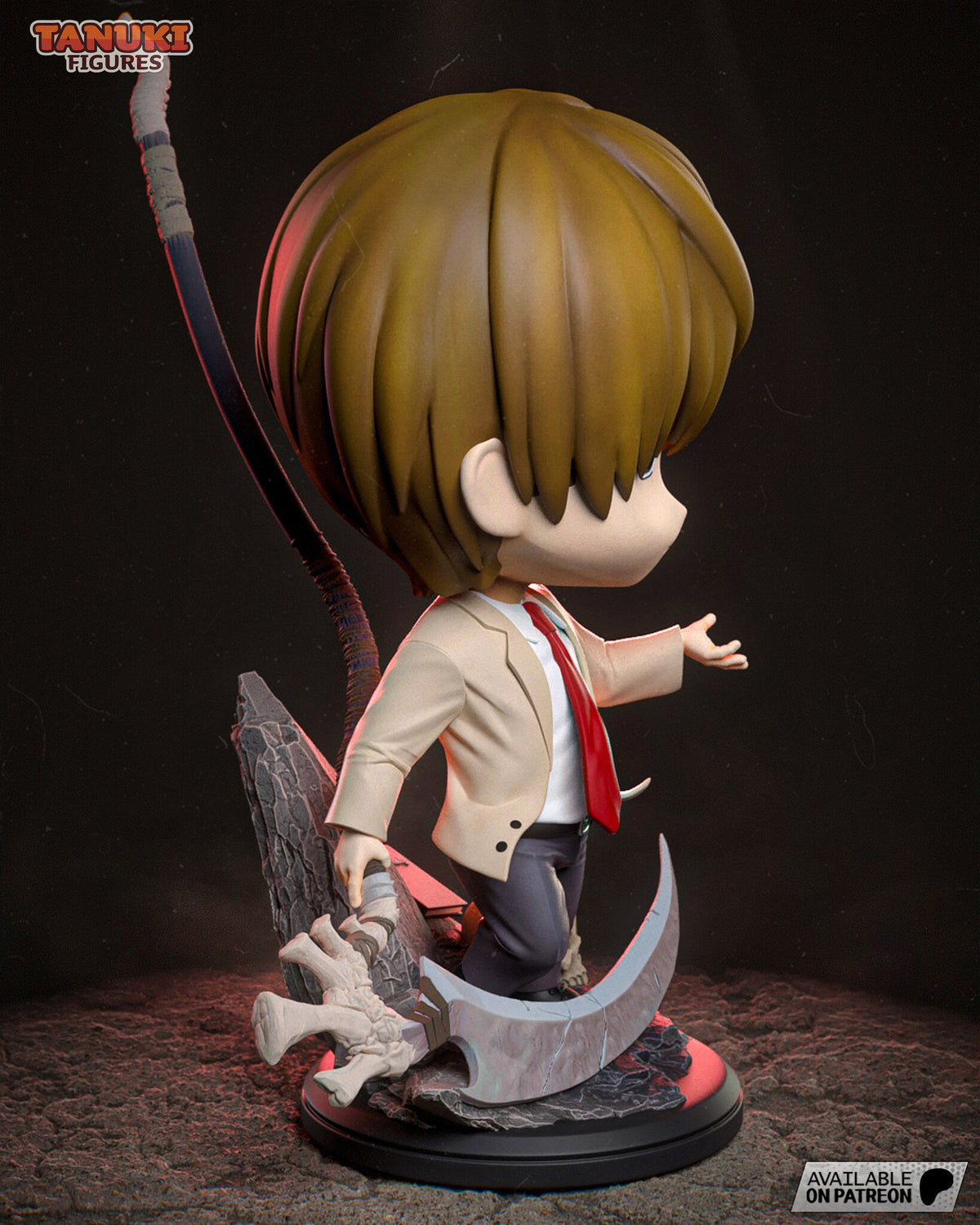Sculptor's render (kit ships unpainted): side view with the long scythe shaft curving up behind him