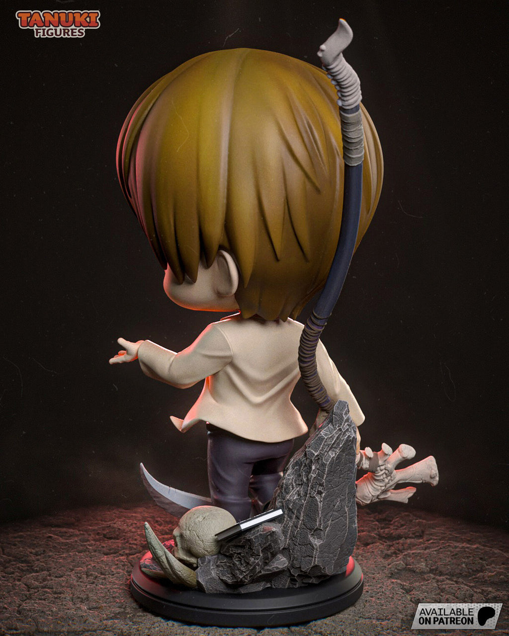 Sculptor's render (kit ships unpainted): rear three-quarter view with the cord-wrapped shaft rising behind his head