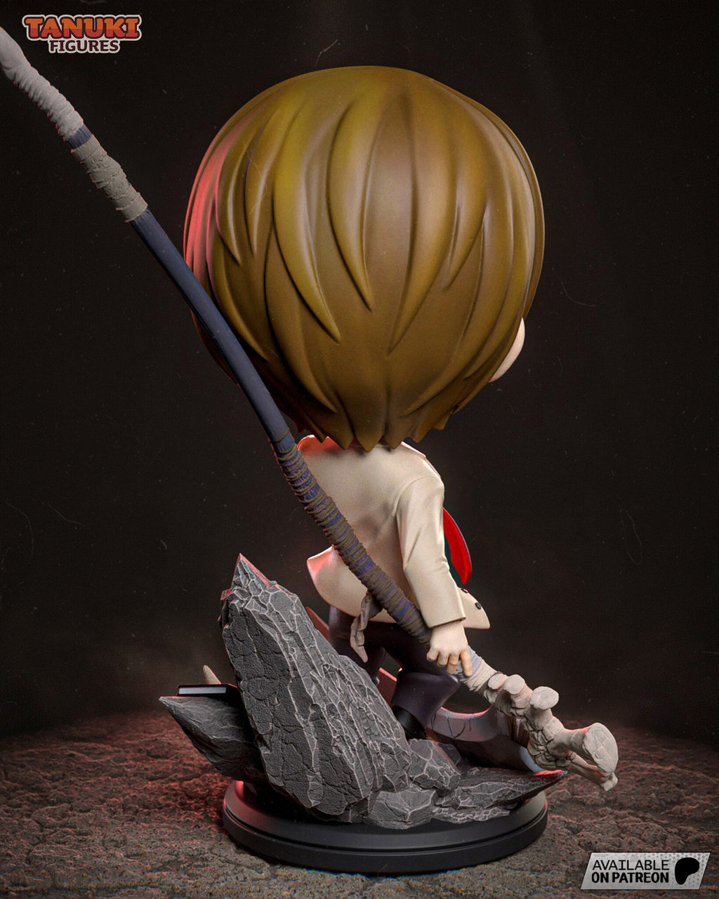Sculptor's render (kit ships unpainted): rear view of the hair and the shaft crossing his back