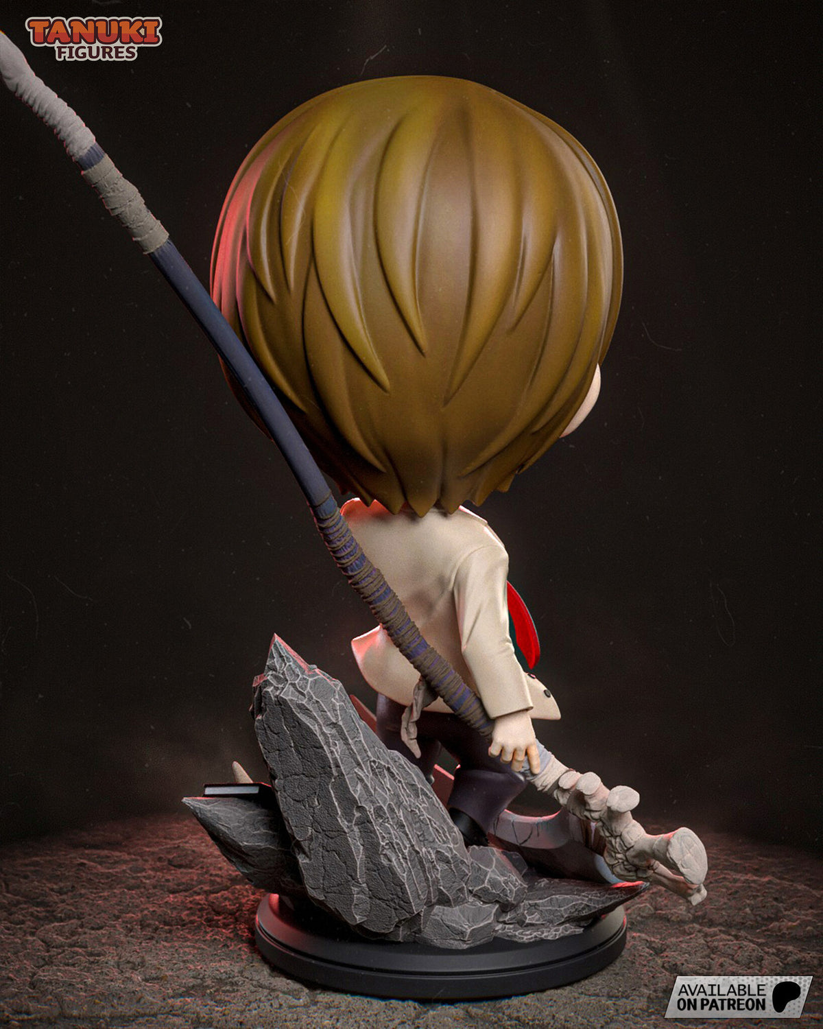 Sculptor's render (kit ships unpainted): rear view of the hair and the shaft crossing his back