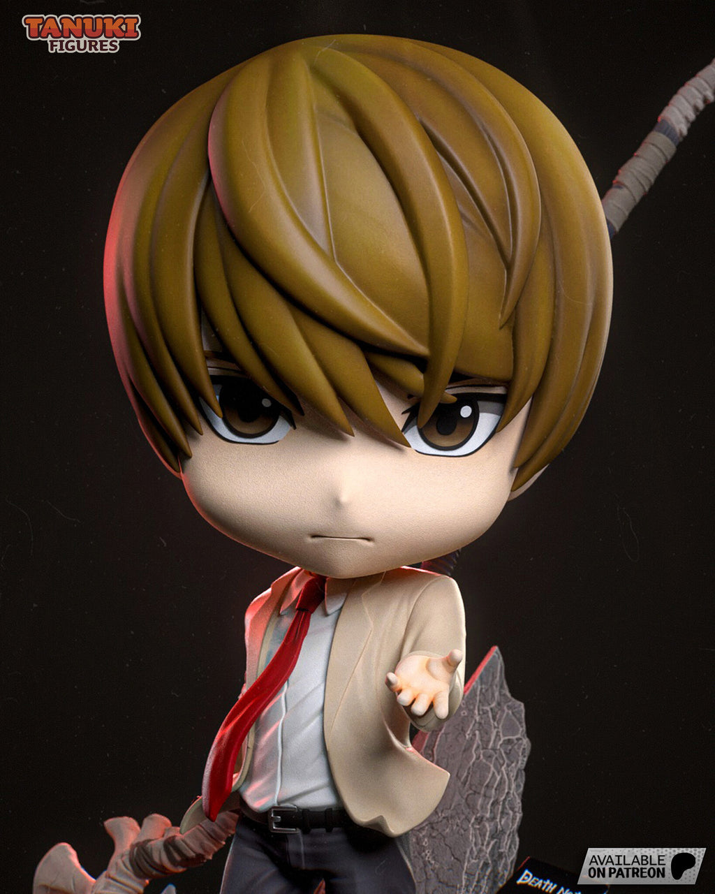 Sculptor's render (kit ships unpainted): close view of the face with brown eyes under a heavy fringe, white collar and red tie