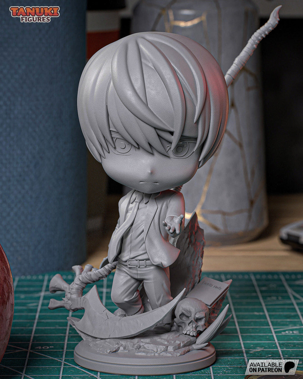 Studio's photo of an unpainted gray test print of the same sculpt, front view