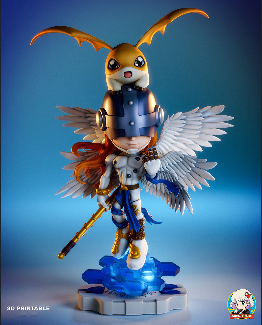 Sculptor's render of the painted design (kit ships unpainted): front view with the creature companion: the six-winged angel warrior with a small winged creature perched on his navy helmet, holding a gold staff above a glowing blue tile base