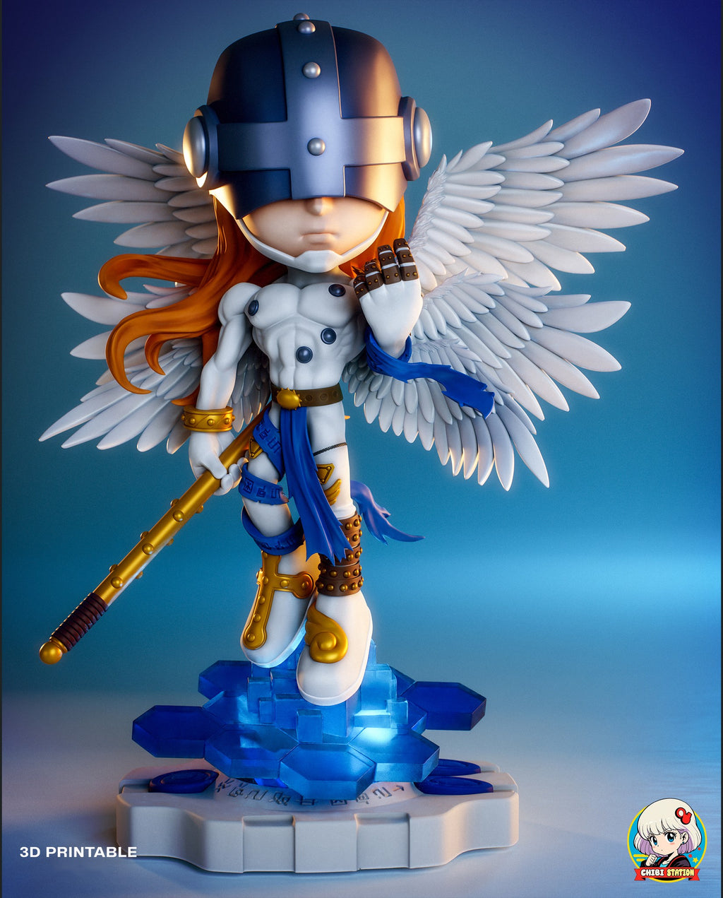 Sculptor's render (kit ships unpainted): front view with the plain helmet fitted, showing the silver-riveted cross band on the helmet and a raised gloved fist